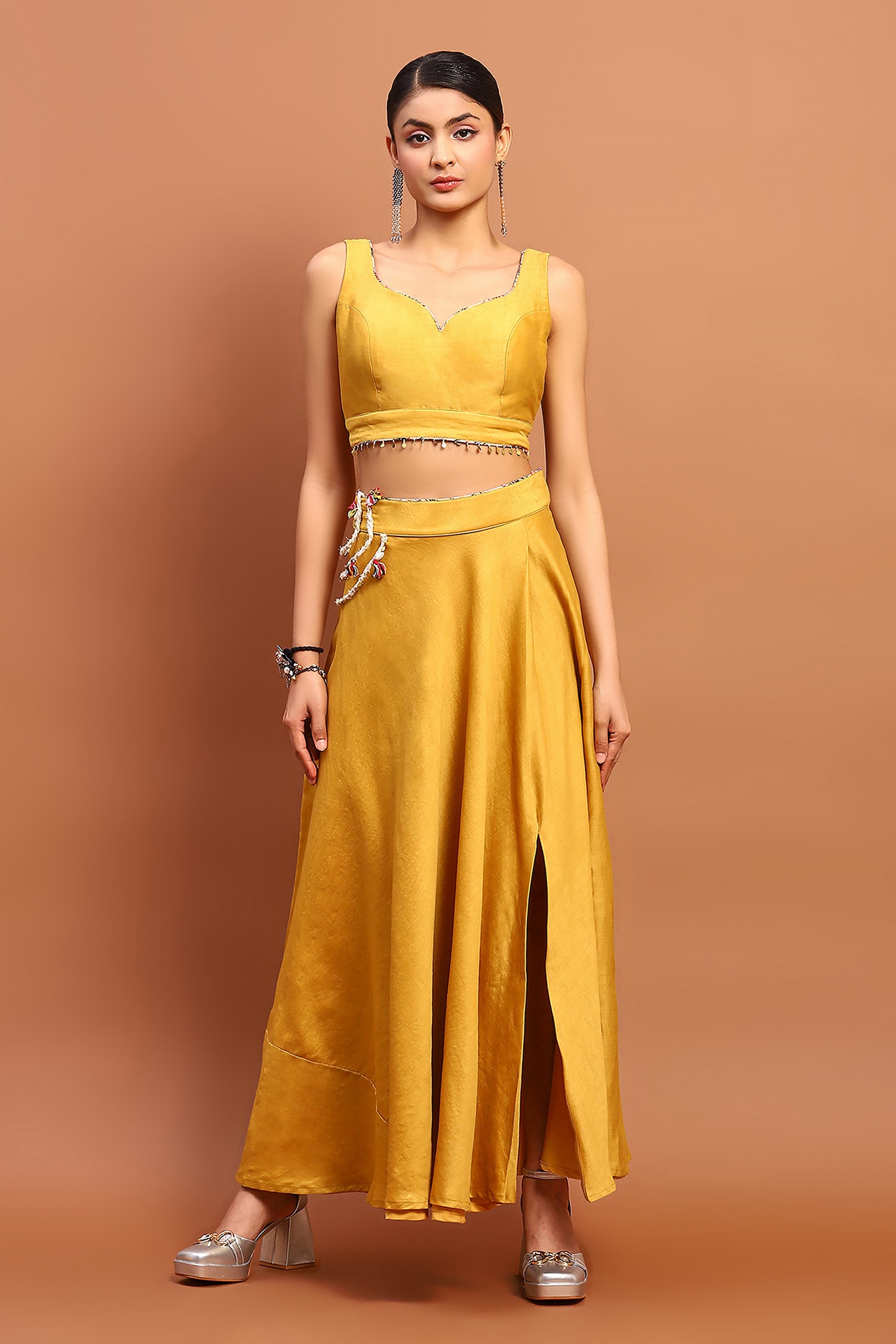Mustard yellow embroidered drape crop top and lehenga skirt set available  only at Pernias Pop Up Shop 2023