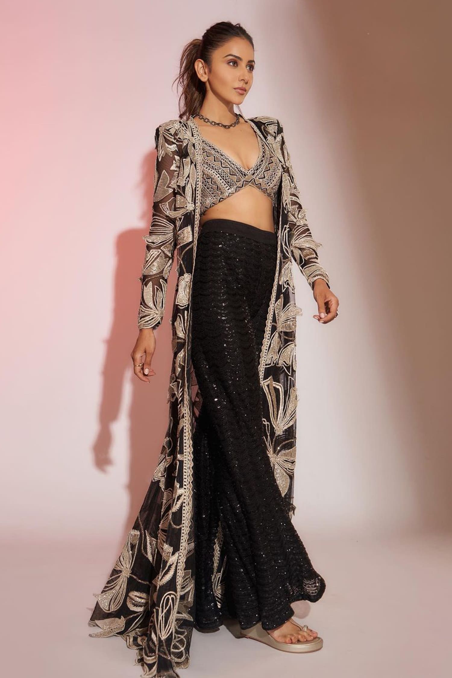 Ritika Mirchandani Black Net Embroidered Floral V Neck Seda Long Jacket And Sharara Set For Women