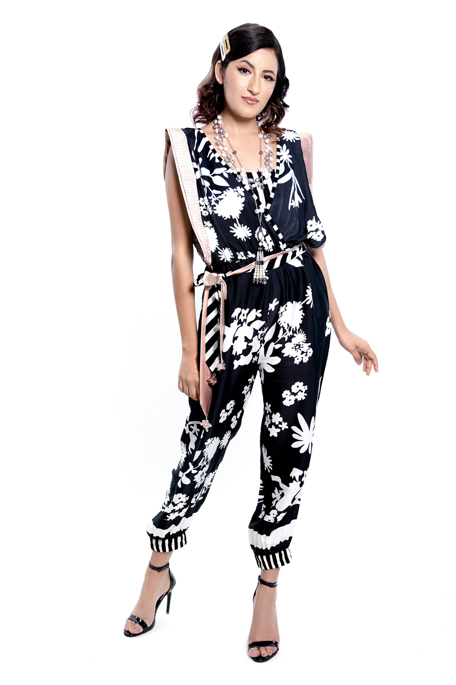 Buy Anmol Kakad Black Satin Silk Natlie Floral Print Jumpsuit Online