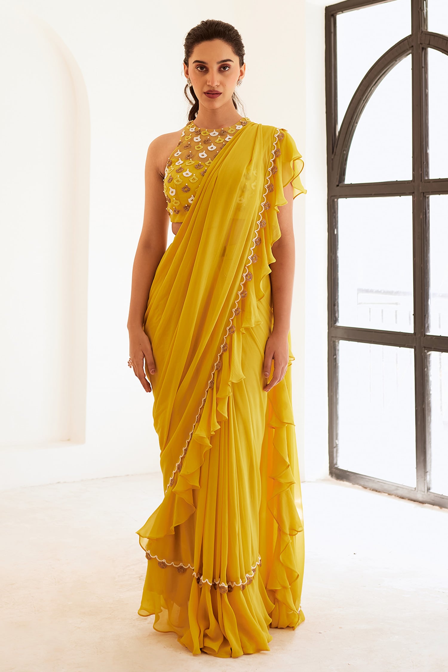 Yellow Georgette Ruffle Saree with Beads Embroidered Blouse and Waist Belt