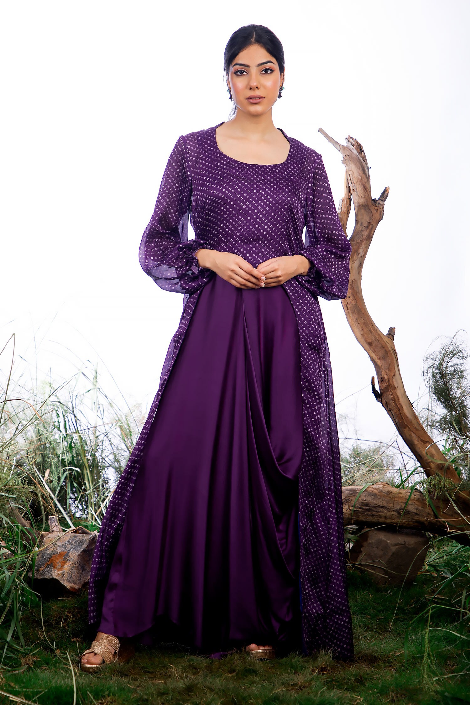Buy Purple Cape Satin Georgette Cut Out With Dress For Women by OMANA ...