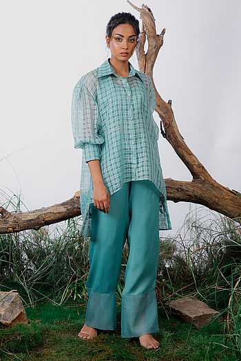Buy OMANA BY RANJANA BOTHRA Blue Top Checkered Applique Embroidered ...
