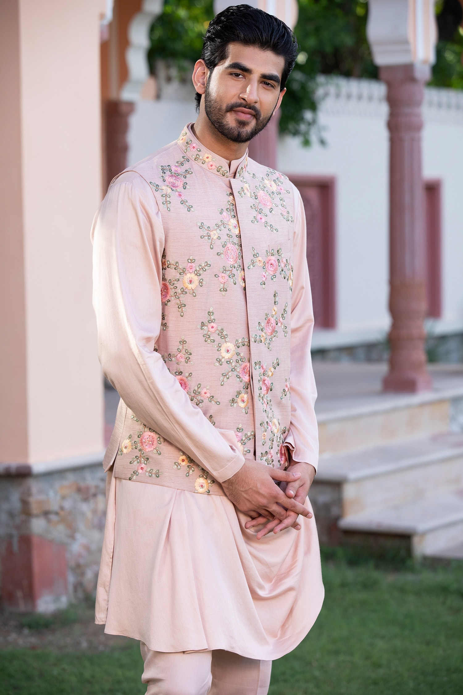 Buy Peach Russian Silk Embroidered Thread Floral Nehru Jacket And 