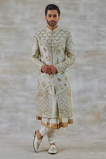 Ivory Silk Embroidery Thread Flower Sherwani Set main image 1