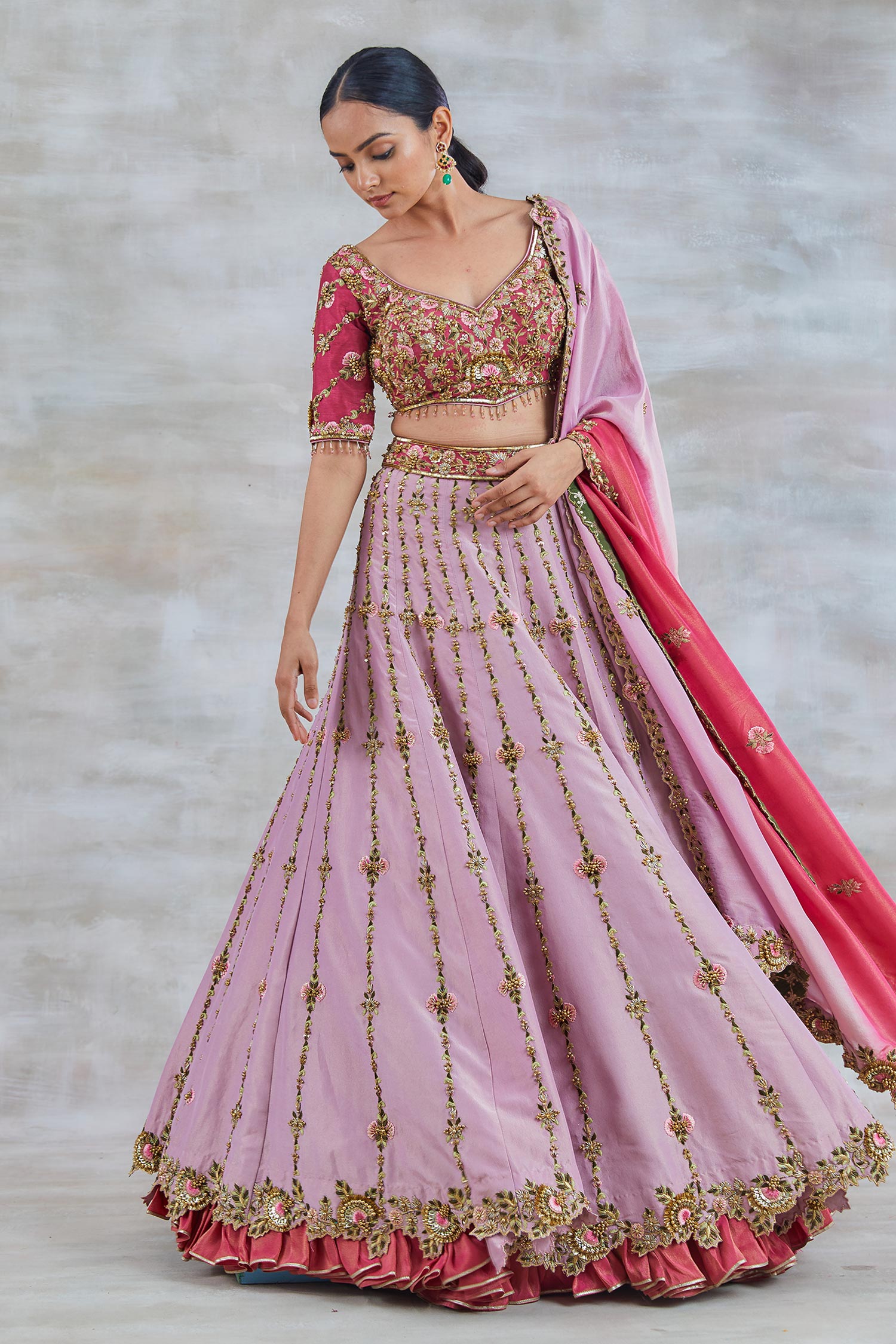 Buy Studio Bagechaa Pink Silk Kachnaar Resham Embroidered Lehenga Set ...