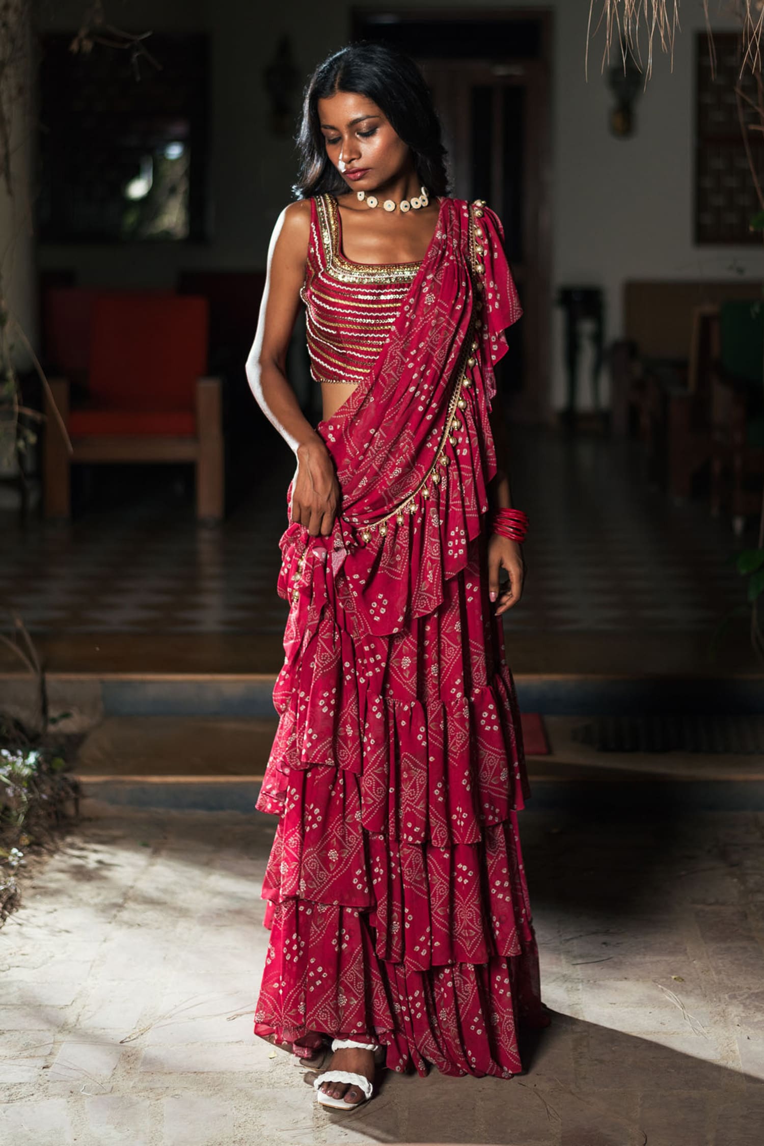 Studio Bagechaa Red Silk Pre-draped Bandhej Print Saree With Blouse