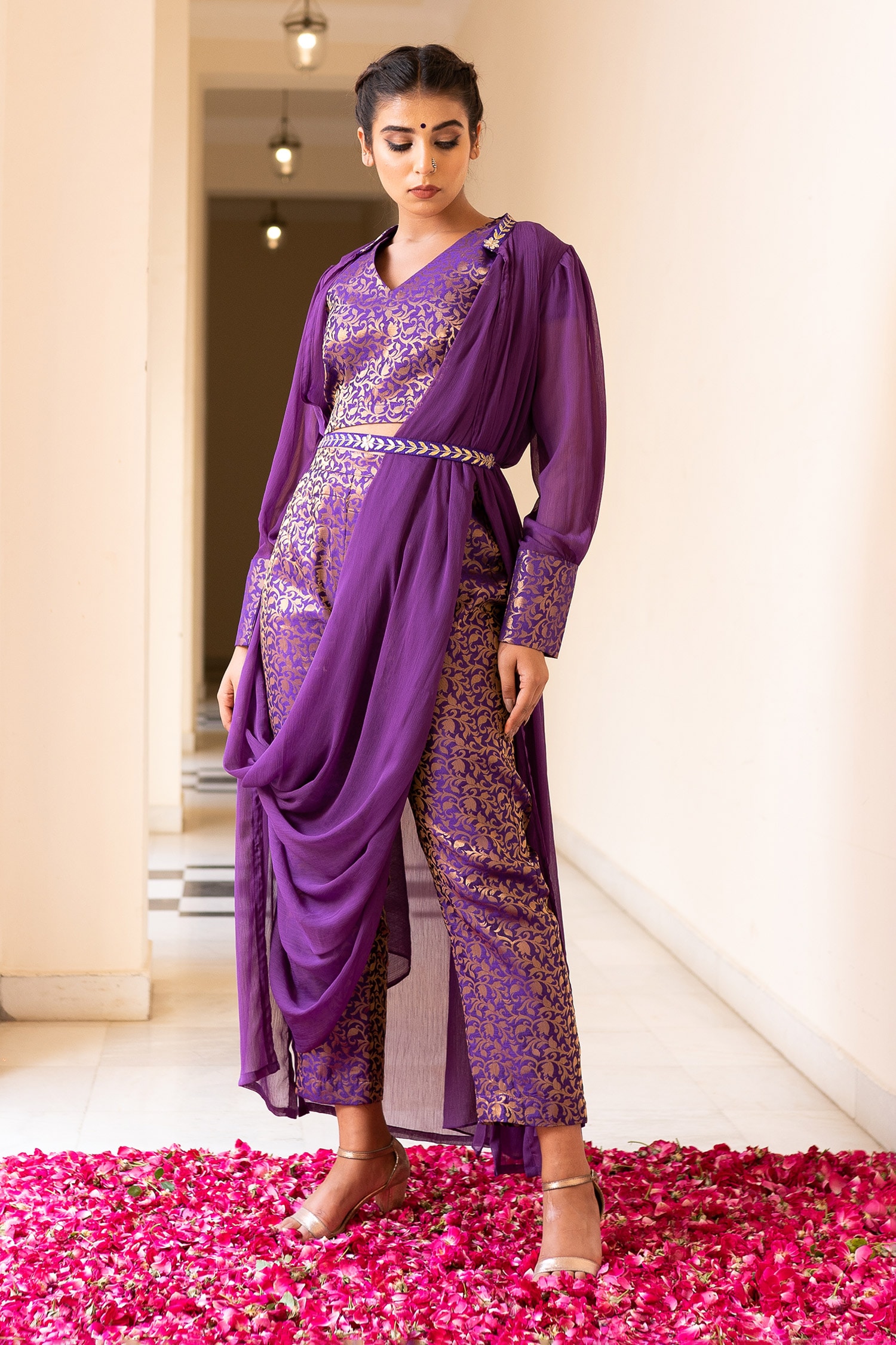 Buy Floral Banarasi Pant Set With Jacket by The Home Affair at Aza Fashions
