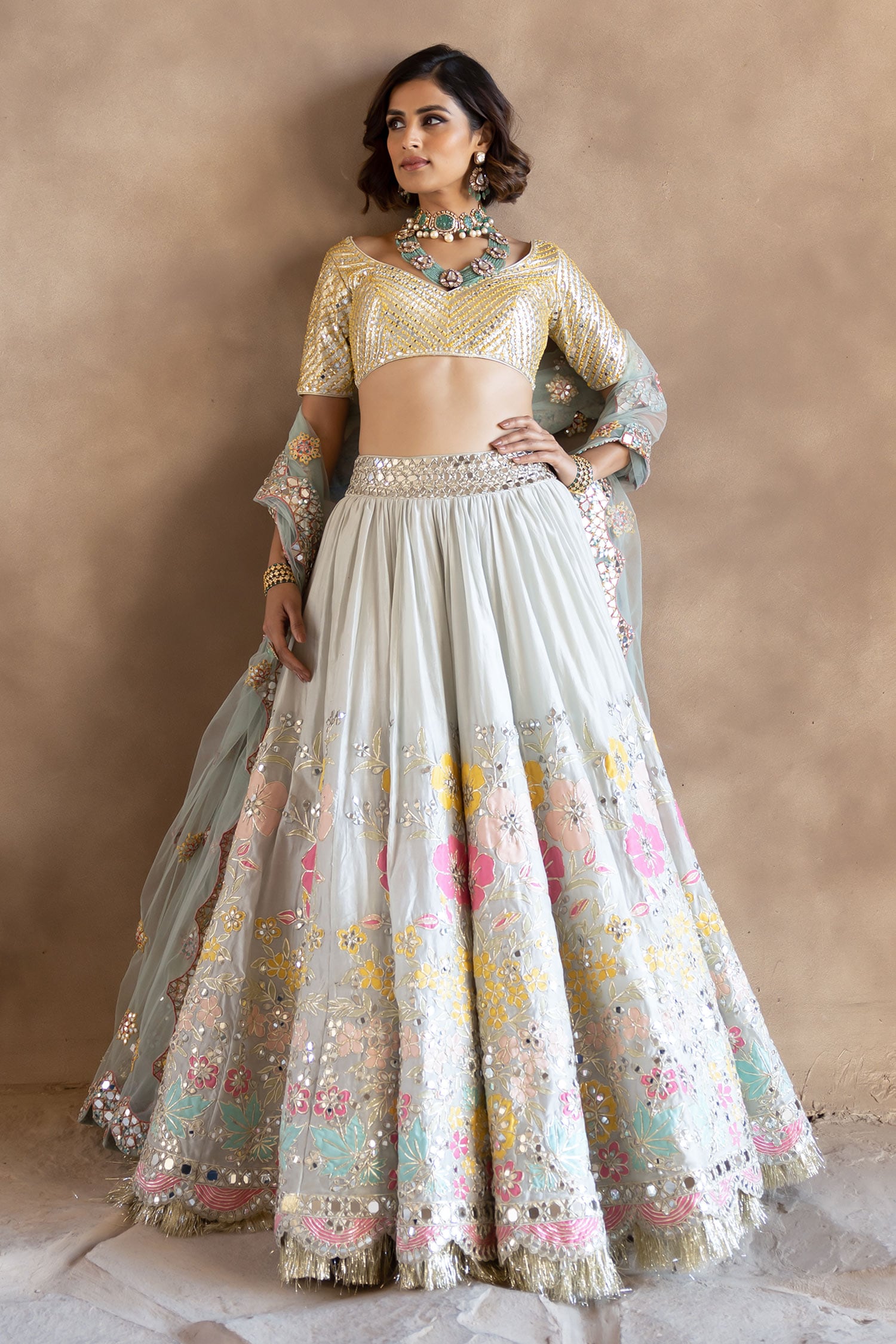 Pink Floral Lehenga Choli with attached dupatta - Babeehive