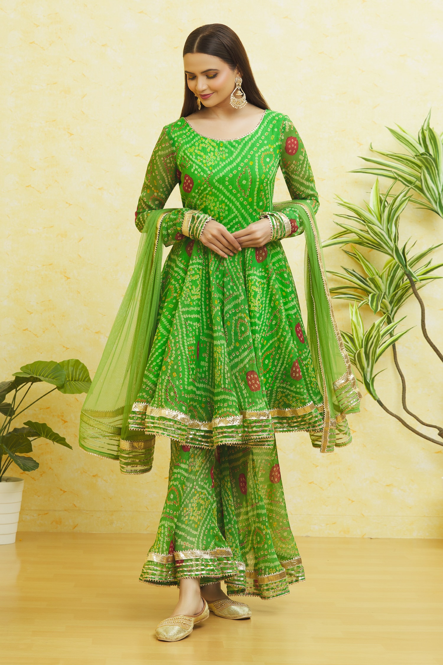 Buy Lime Green Printed Cotton Anarkali Kurti With Sharara