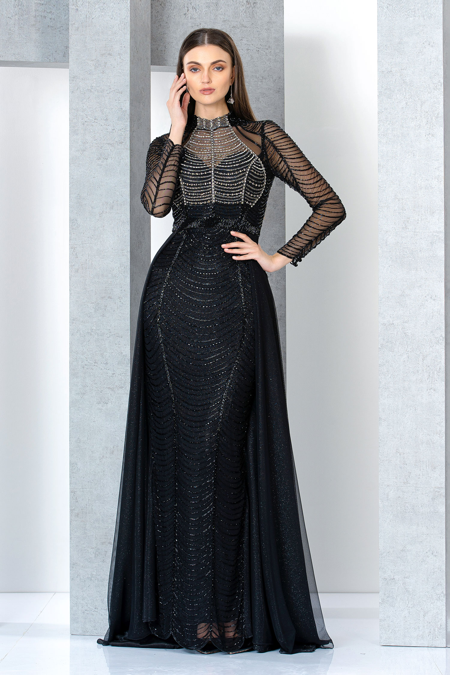 Buy Eli Bitton Black High Neck Beads Embellished Gown Online | Aza Fashions