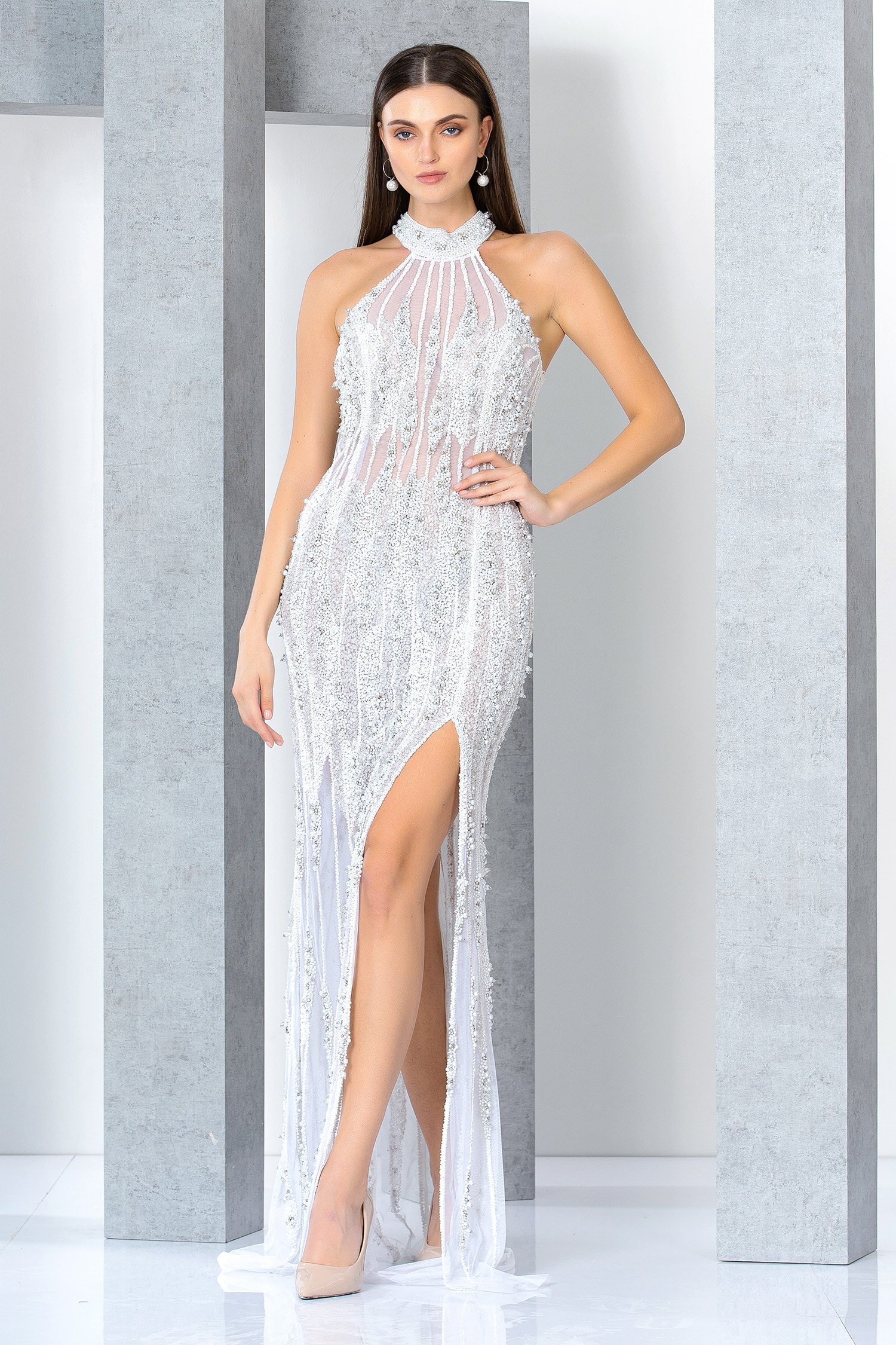 Buy White Net Embroidery Pearl Halter Neck Crystal Gown For Women by ...