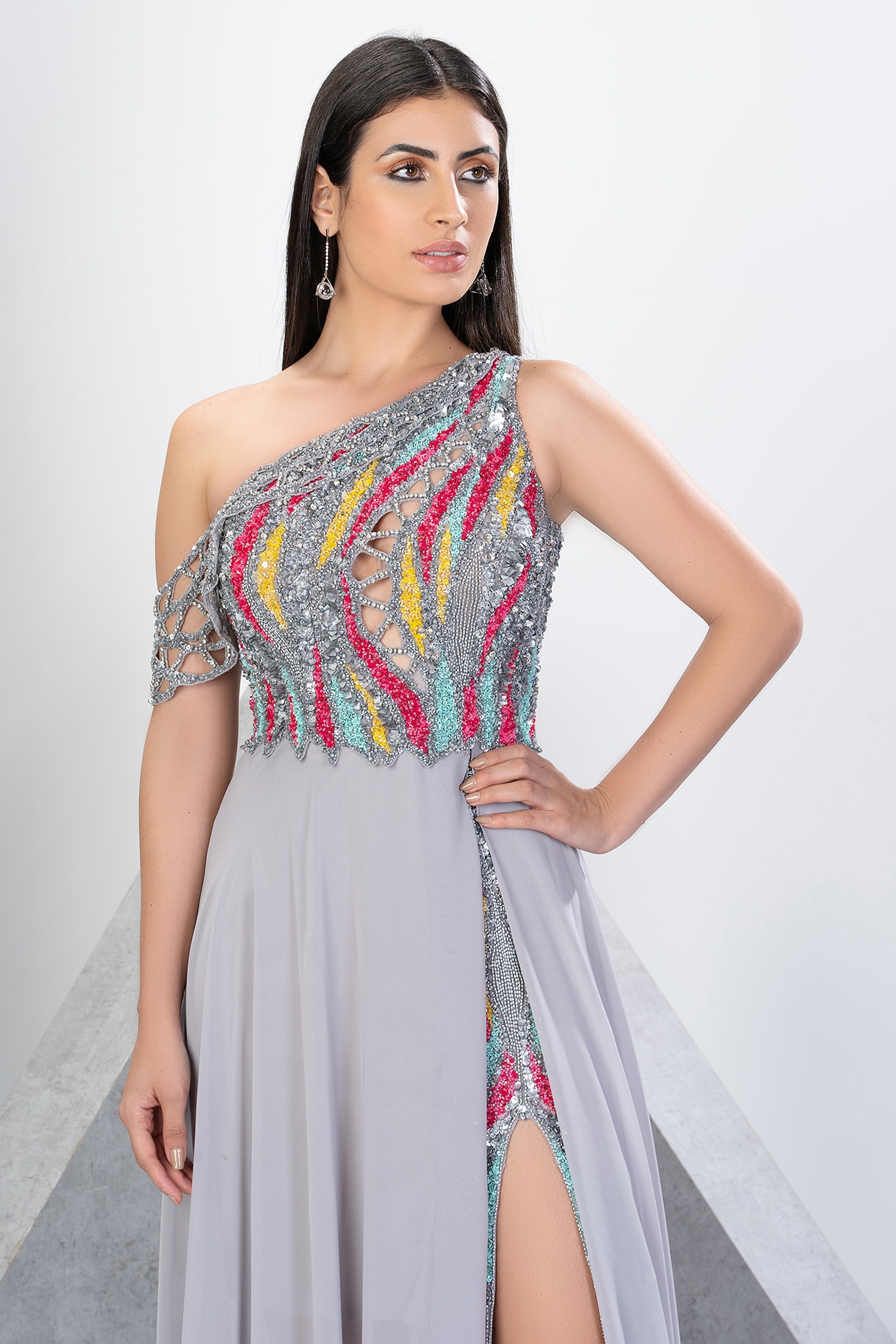 Buy Silver Poly Net Embroidery Sequin Asymmetric Bead One Shoulder Gown For  Women by Eli Bitton Online at Aza Fashions.