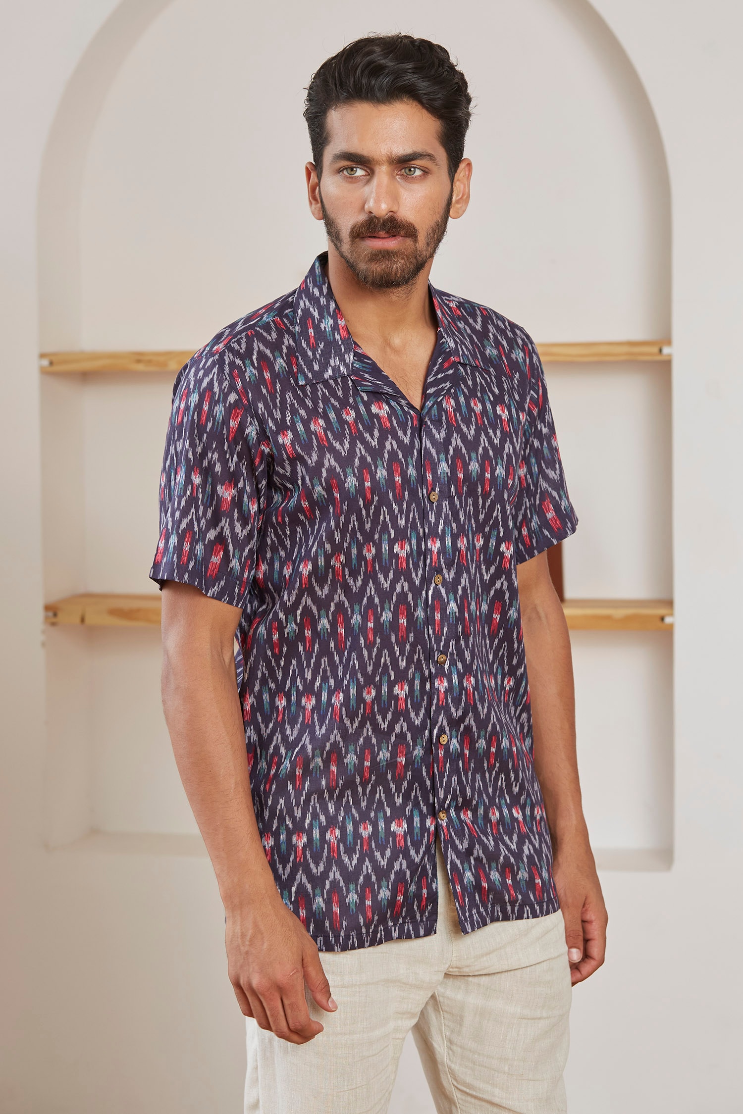 Buy Brown Cotton Woven Ikat Print Shirt For Men by Label Kheerganga ...