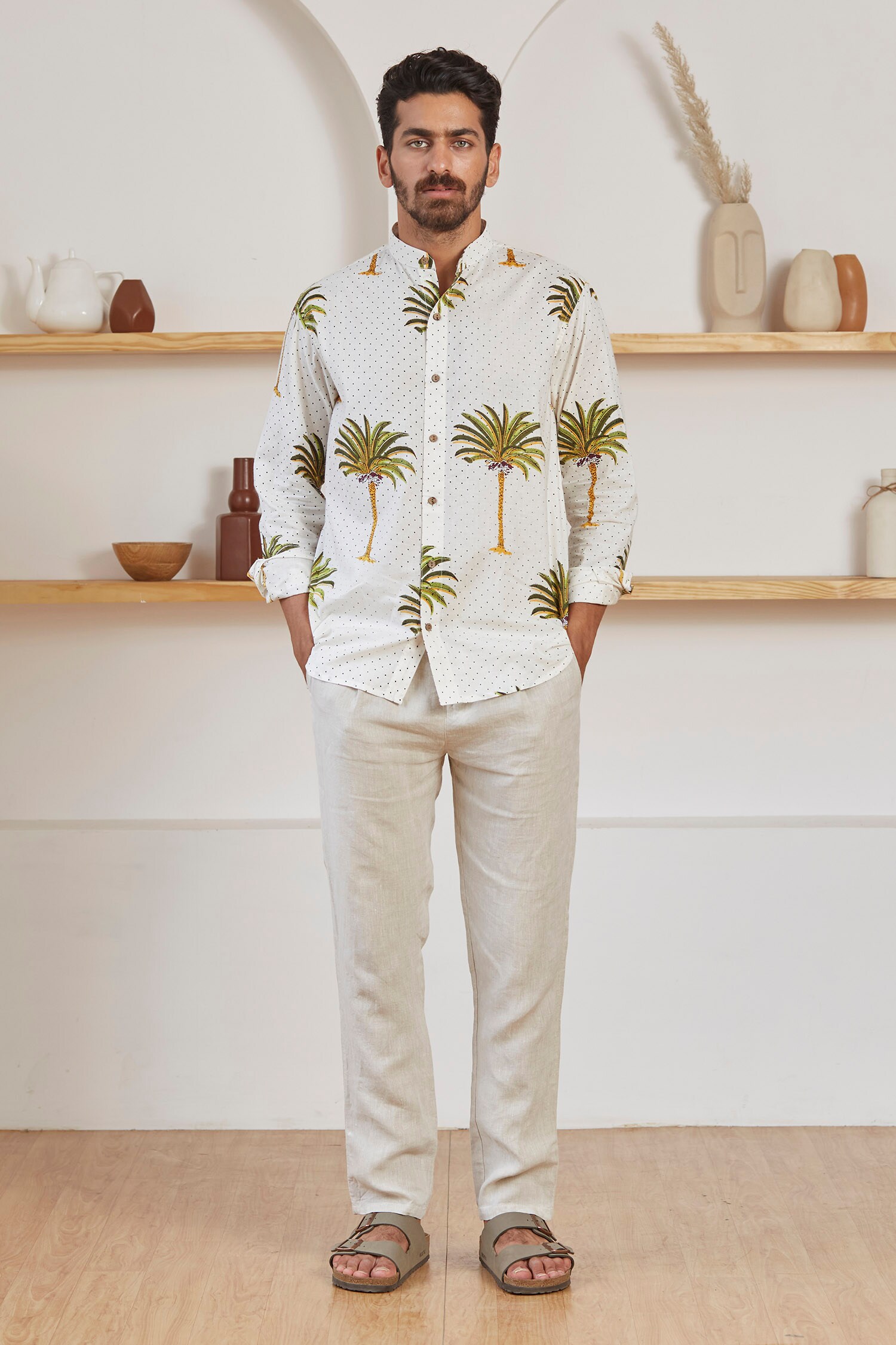 Label Kheerganga White Cotton Palm Print Woven Shirt