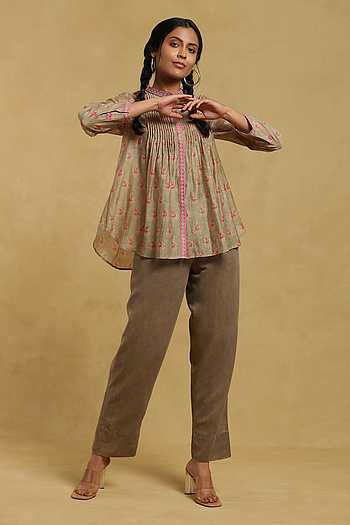 Red Petal Leaves Cotton Kurta With Pintuck
