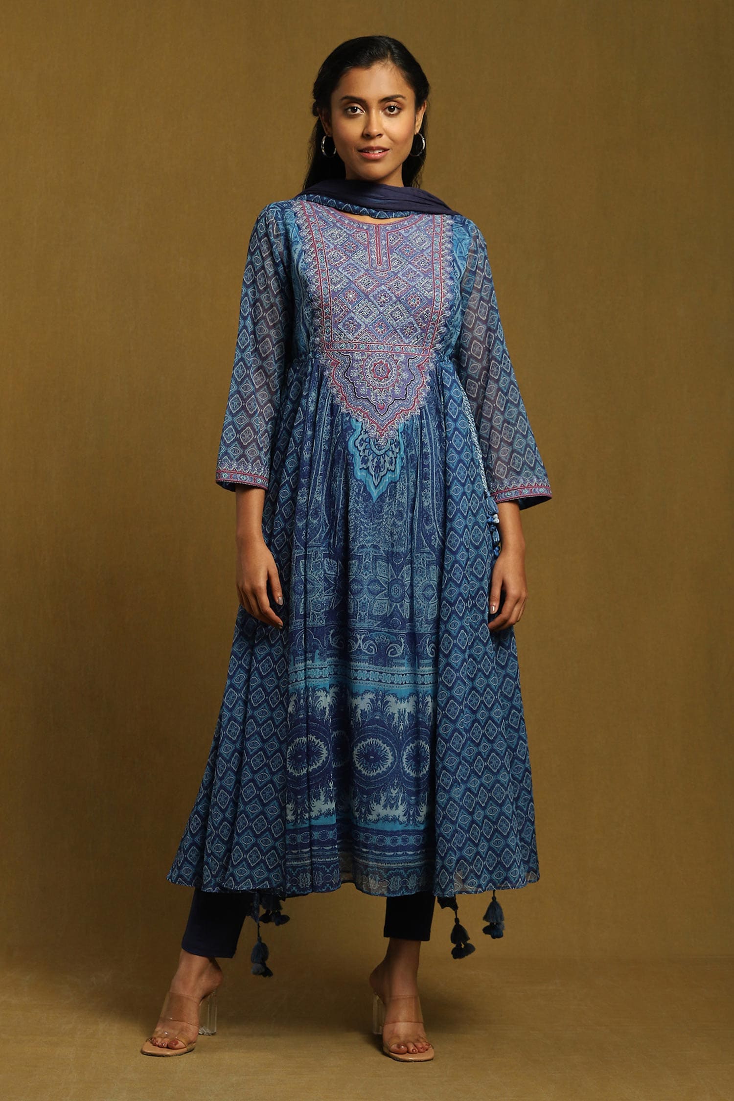 Buy Blue Viscose Lycra Jersey Print Diamond Round Neck Motif Anarkali ...