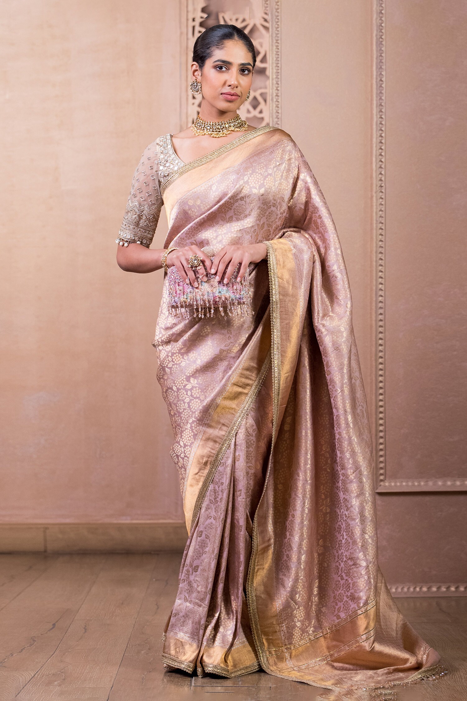 Tarun Tahiliani Purple Brocade Woven Floral Saree With Unstitched Blouse For Women
