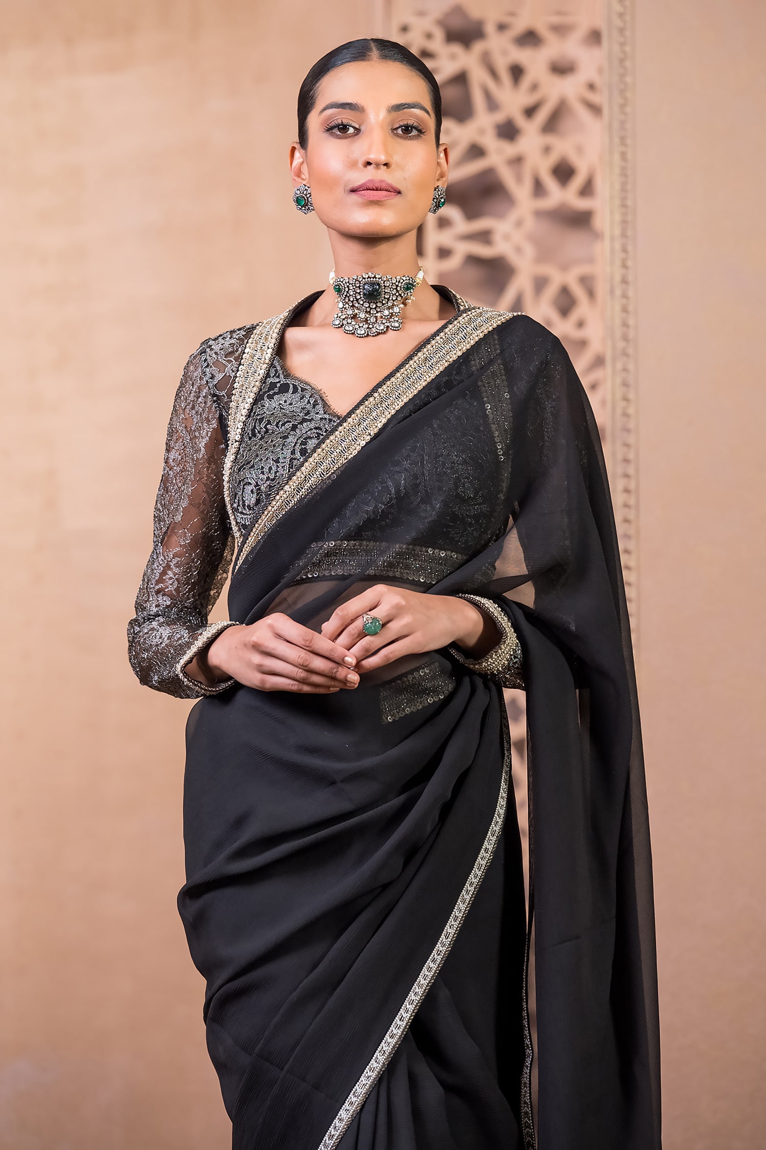 Black Embroidery Chiffon Saree With Blouse - MANOHARI - 582085