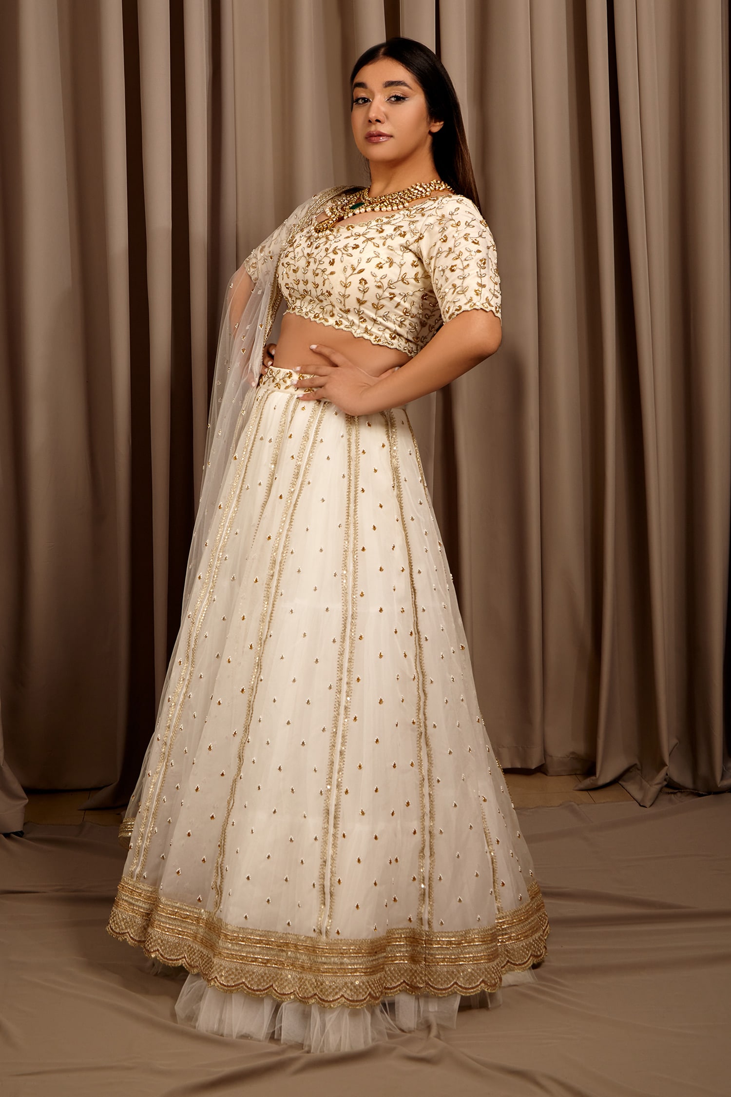 Off White and Black Embroidered Satin Lehenga – Lashkaraa