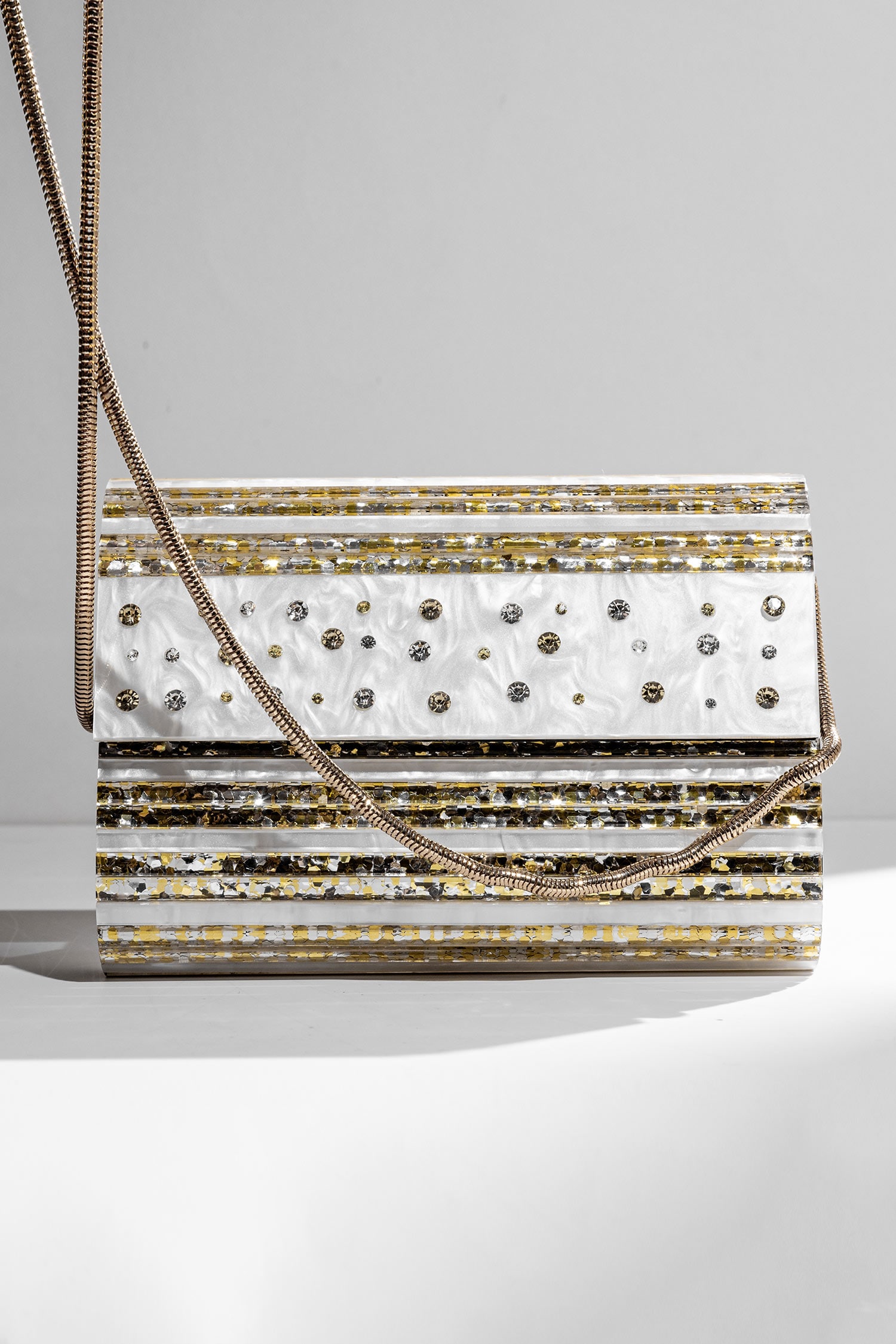House of Bio White Embellished Marie Gold Crystal Clutch