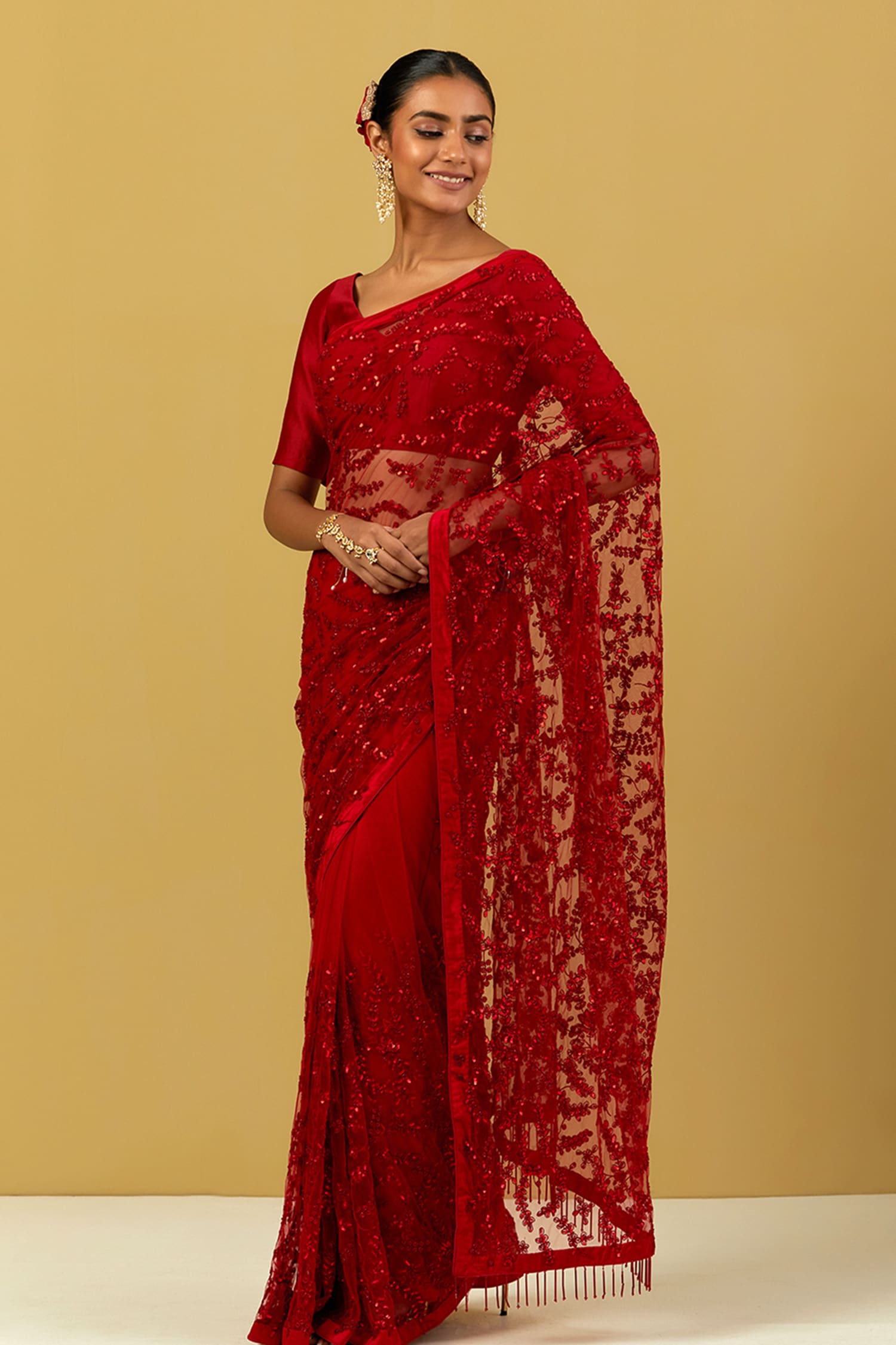 Buy Red Net Embroidery Sequins V Neck Saree And Blouse Set For Women by ...