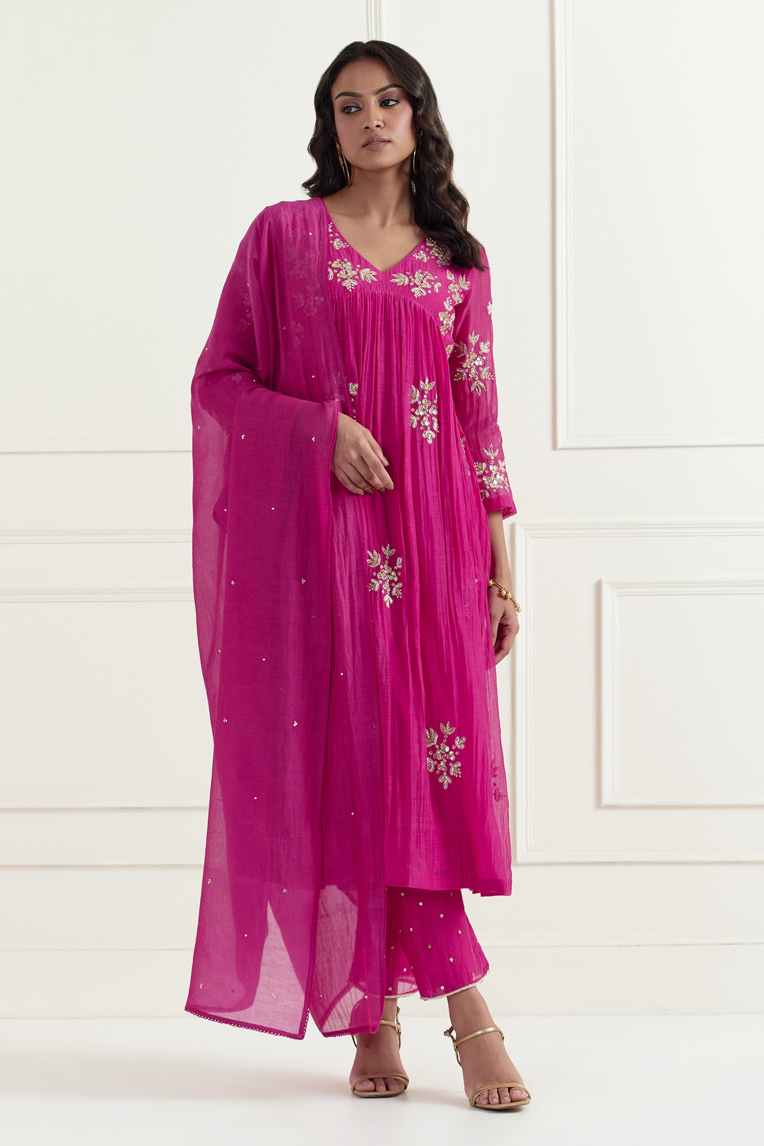 Buy Magenta Chanderi Embroidery Sequin V Neck Floral Anarkali Set For ...
