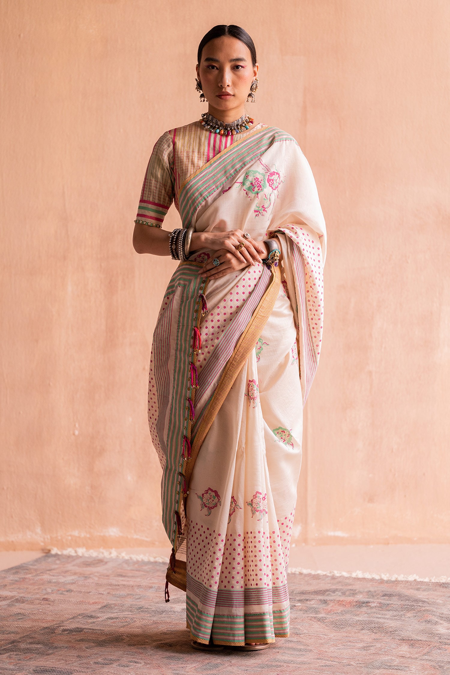 Swatti Kapoor White Gati Chanderi Block Print Saree Blouse