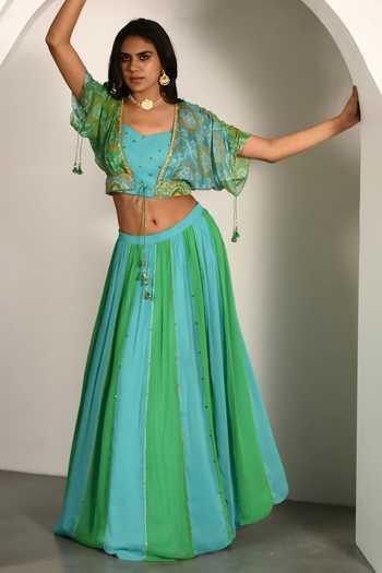 Green Bandhani Print Jacket Kurta Set In Georgette