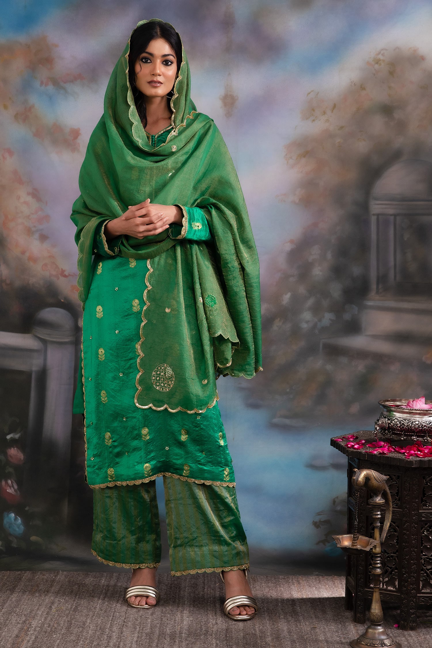 Meesa Emerald Green Pattu Silk Floral Blossom Pattern Kurta Palazzo Set