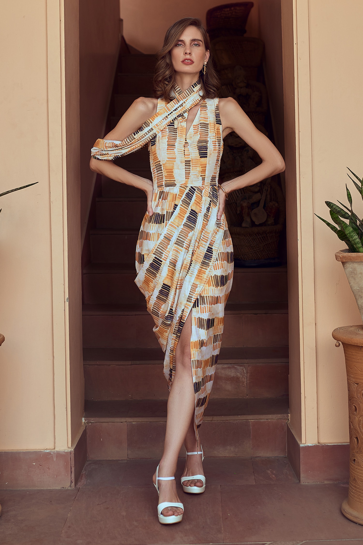 Buy Yellow French Crepe Abstract Wrap Pompeii Asymmetric Draped Dress ...