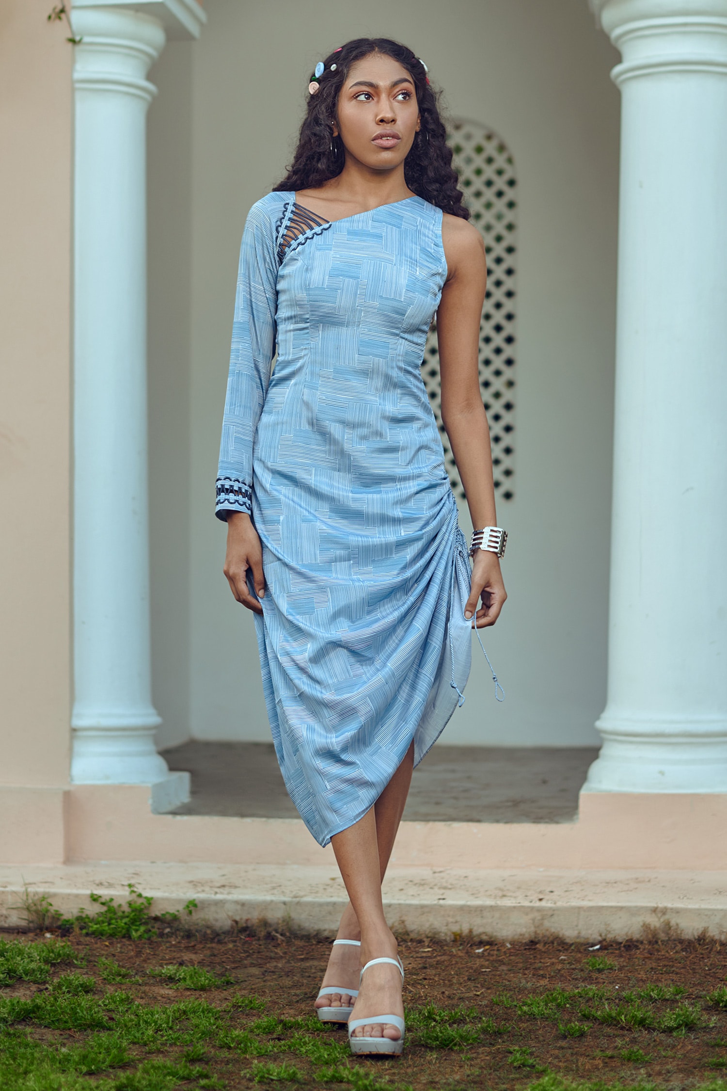 Buy Blue French Crepe Stripe Pattern Asymmetric Tuscany Dress For