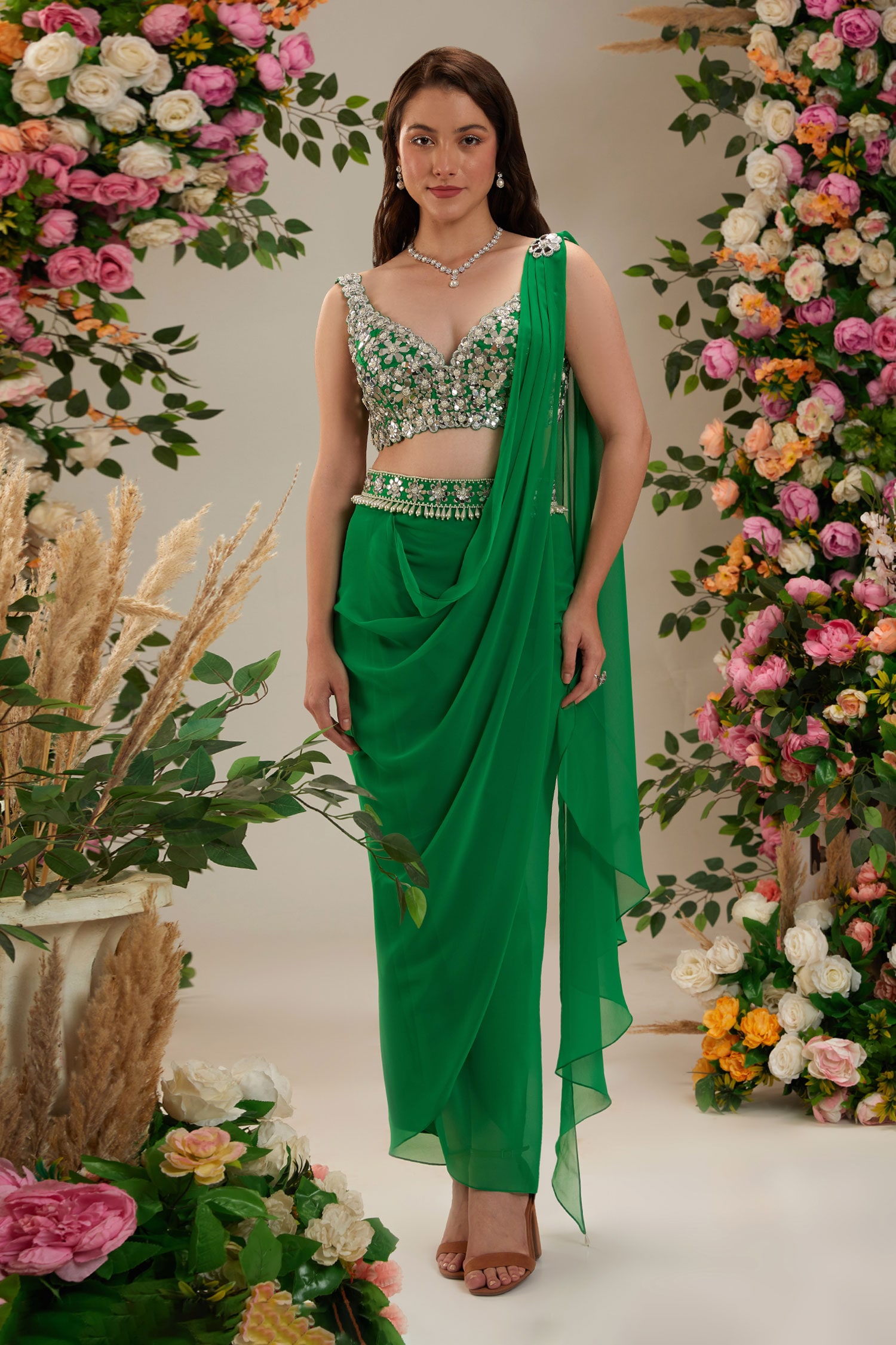 Preeti S Kapoor Green Bells Of Ireland Pleated Pre-draped Saree With Blouse