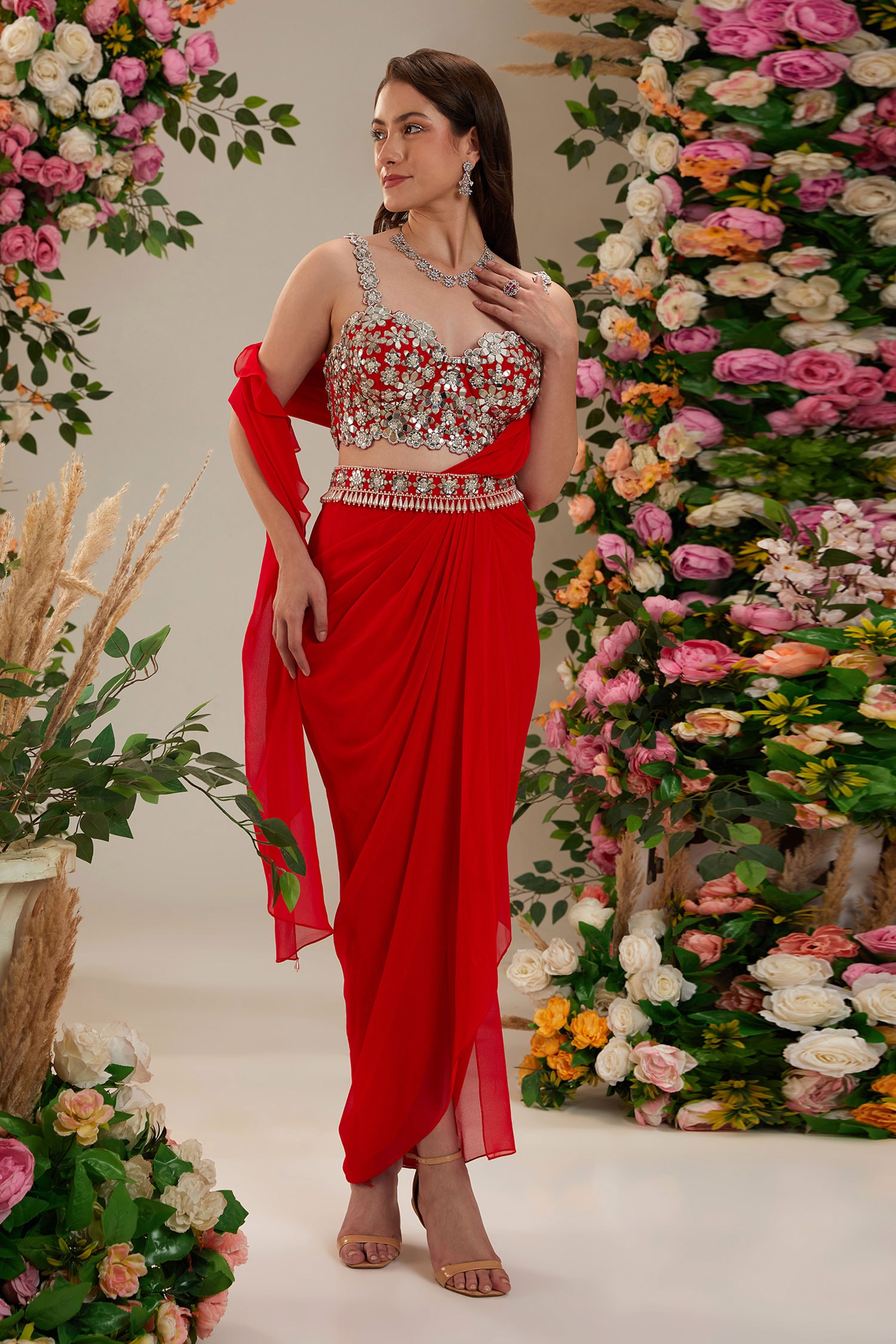 Preeti S Kapoor Red Hibiscus Pre-draped Saree With Mirror Work Blouse