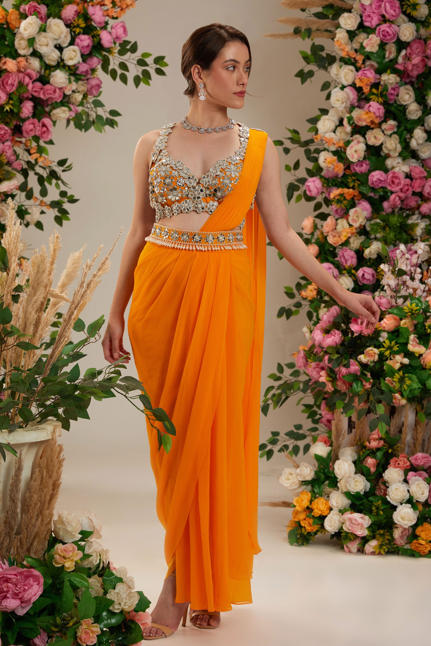 Aurica Women's Georgette Pleating Saree With Blouse Piece (Orange) –  KurtaKart ™