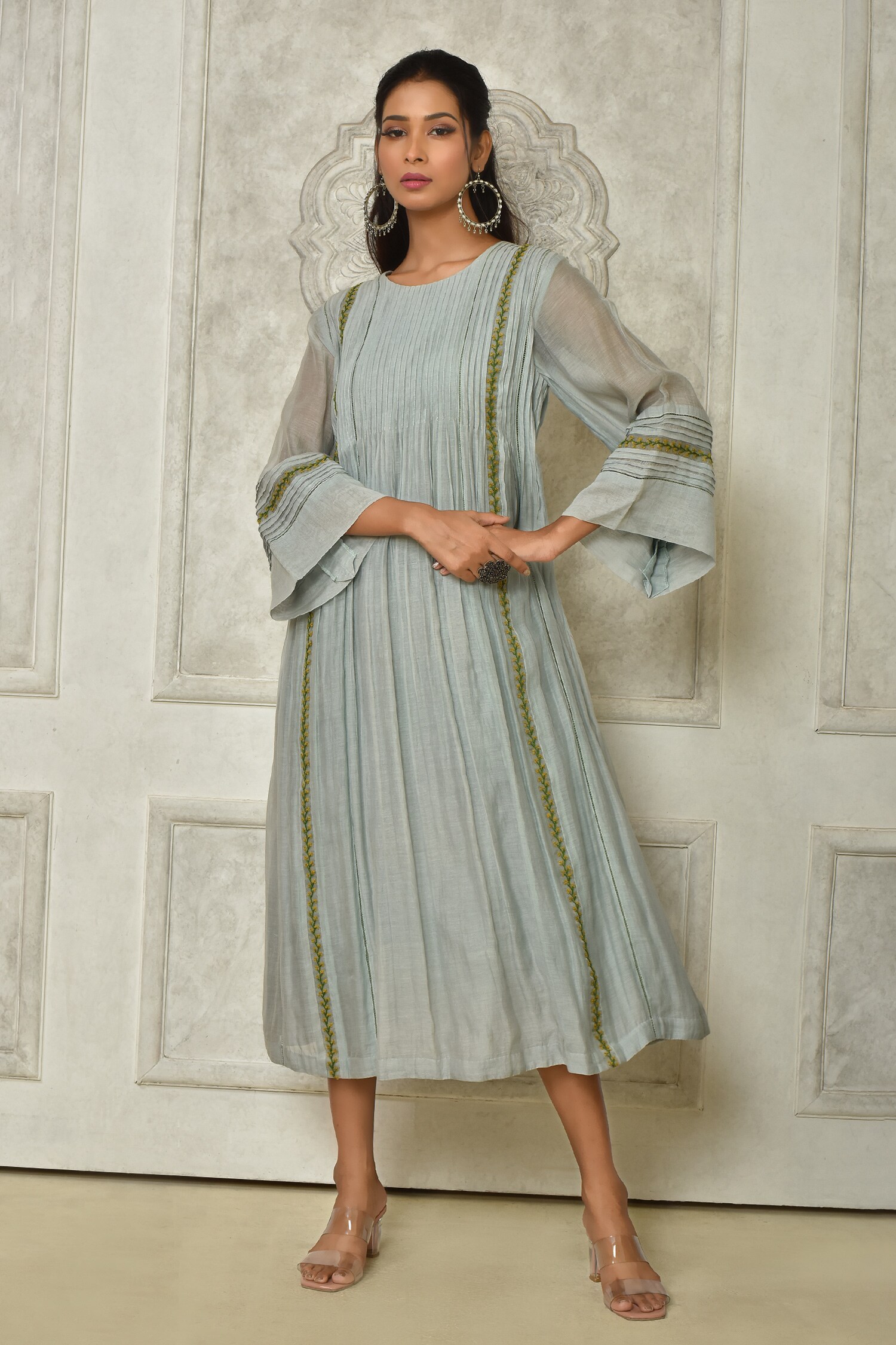 Buy Blue Silk Chanderi Embroidered Floral Round Lace Insert Dress For