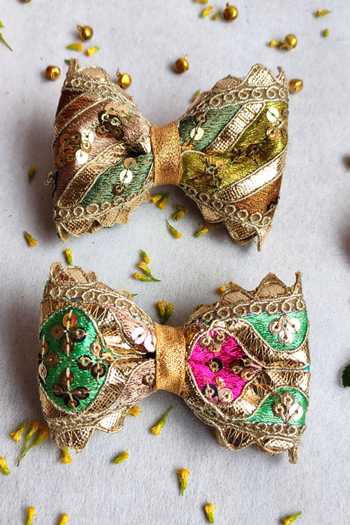 CHOKO Beige Embellished Floral Hairclips - (Set of 2) - Handmade