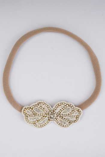CHOKO Adjustable Lace Bow Hair Band with Pearls and Silver Crystals - White