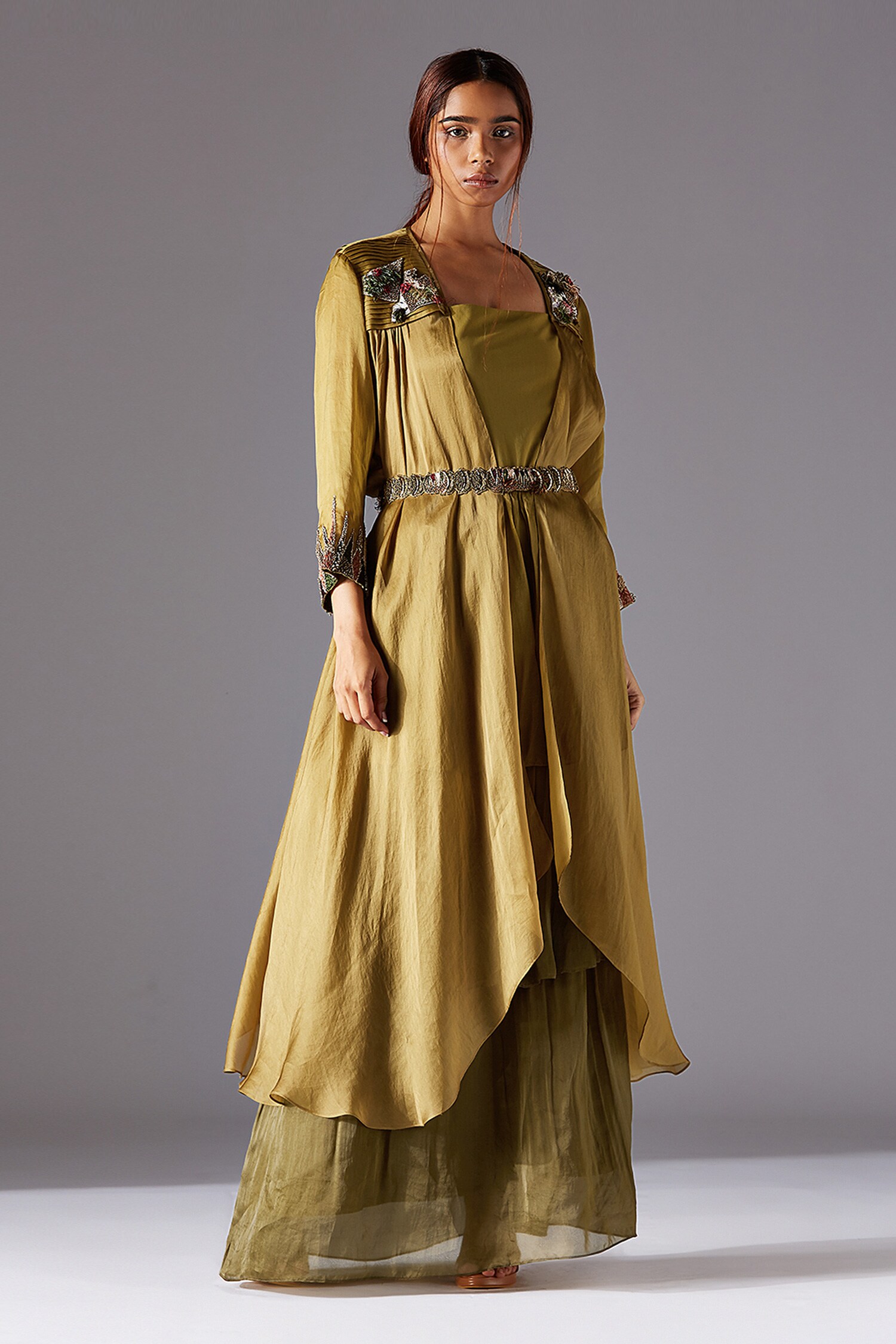 Buy Green Satin Organza Hand Embroidered Hamada Cape With Forestland ...