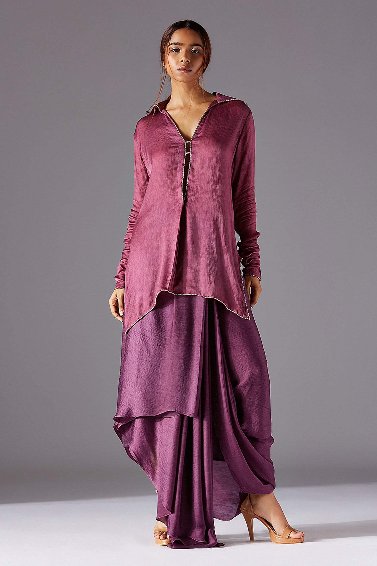 Buy Purple Satin Chiffon Hand Embroidered V Neck Tree Bark Kurta And ...