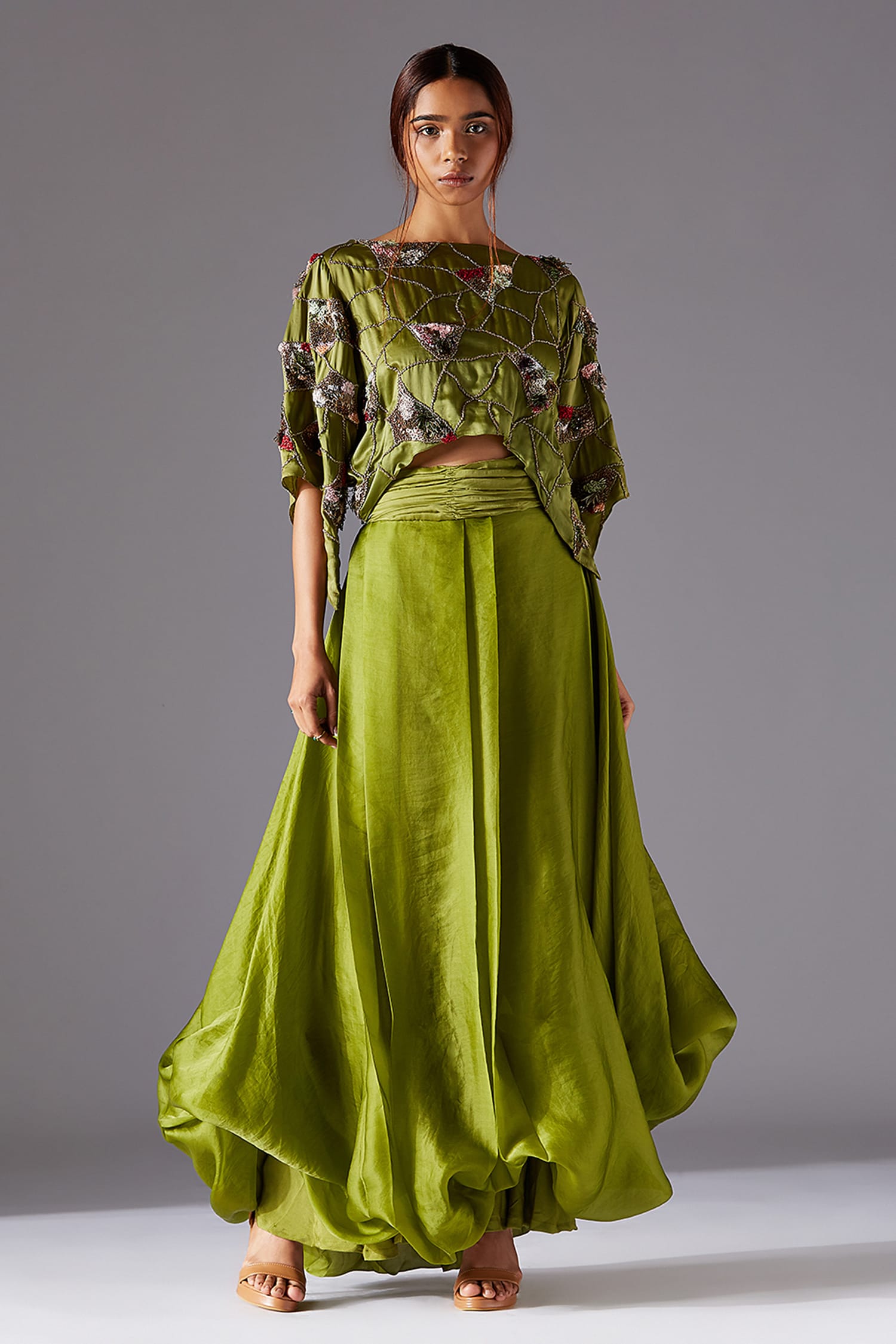 Buy Green Bamberg And Shrubbery Crop Top & Bubble Skirt Set For Women ...