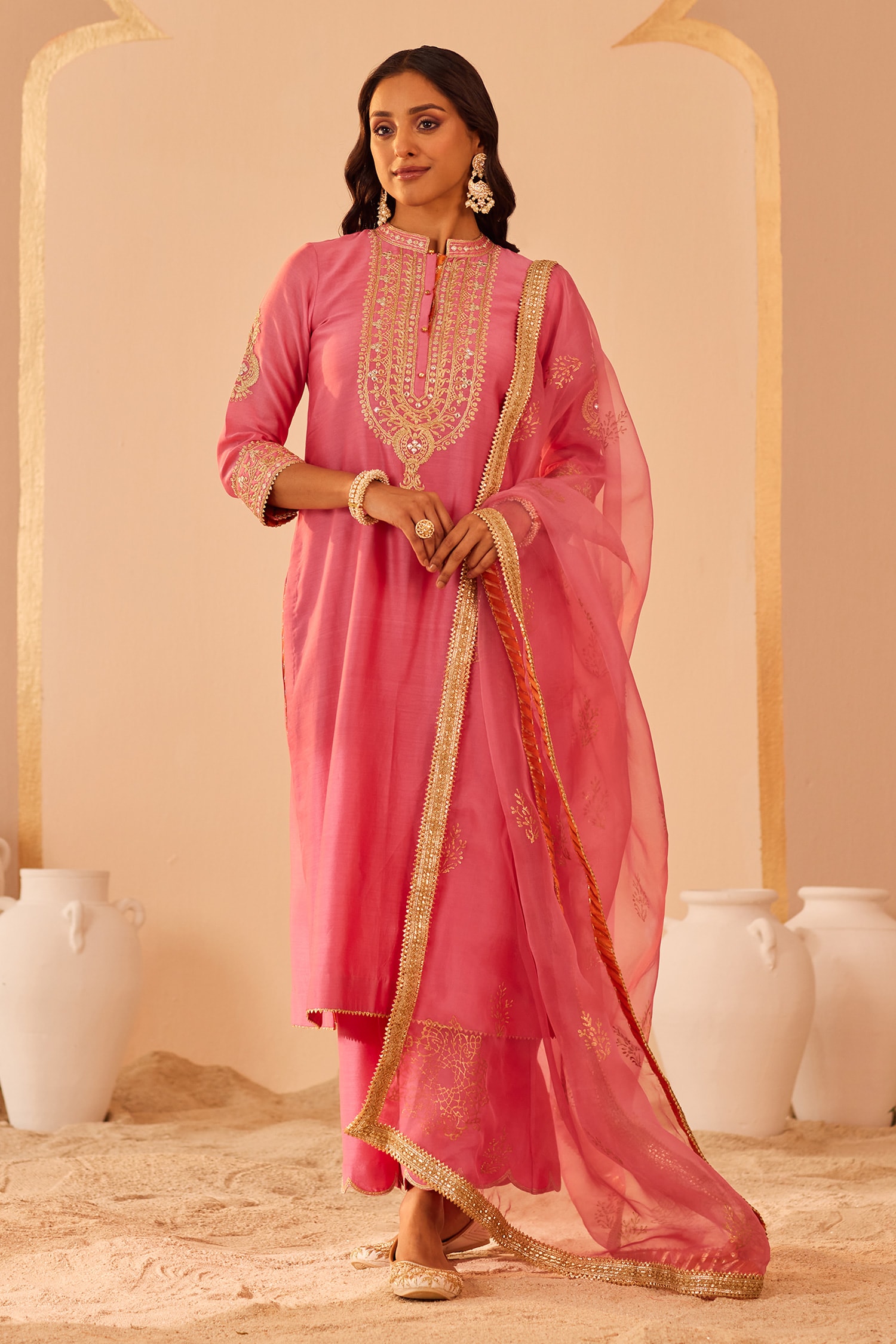 Sheetal Batra Pink Kurta And Palazzo: Silk Chanderi Embroidery Tilla Zaniab Set For Women