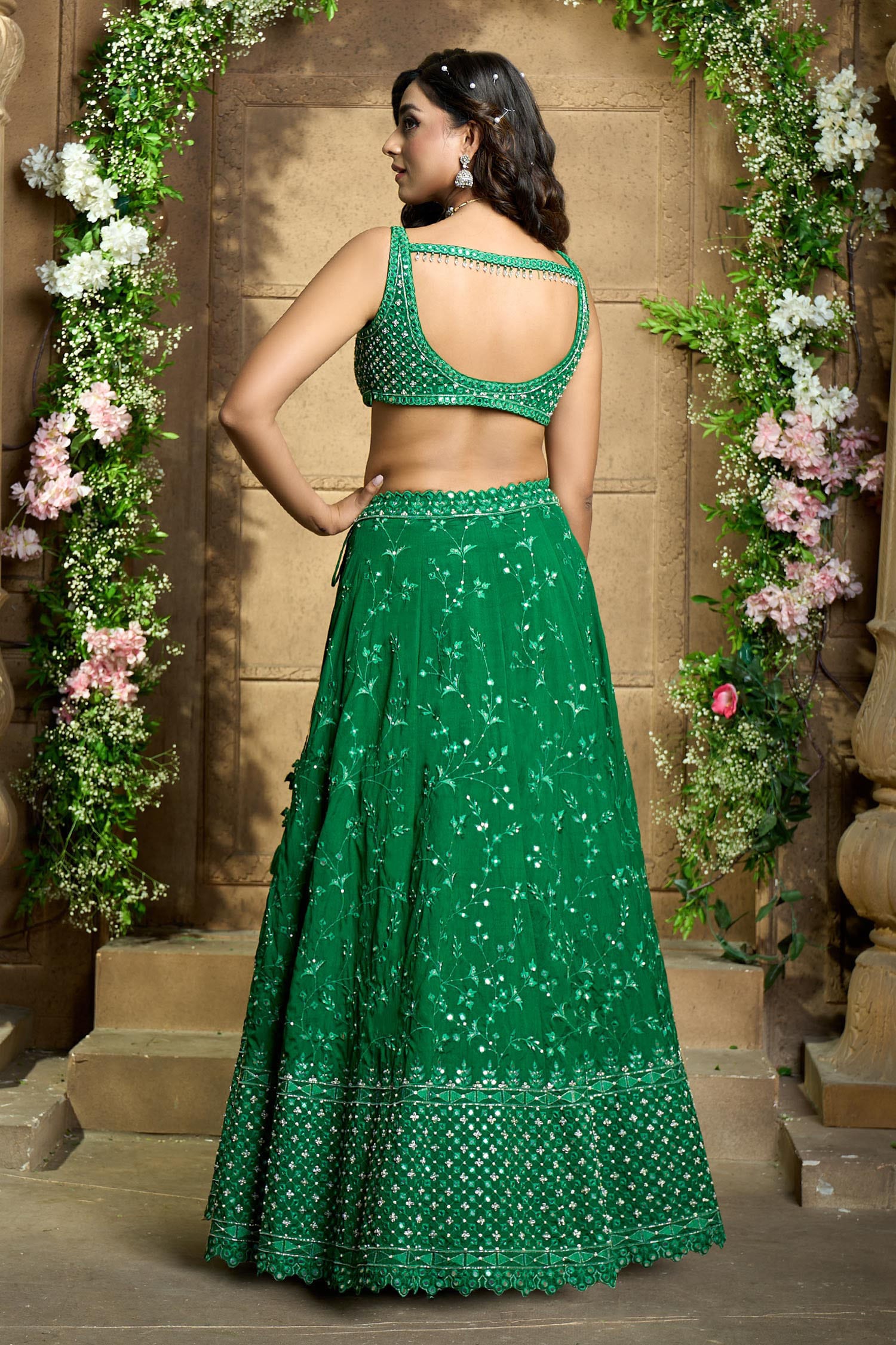 Prevasu - Green Lehenga And Blouse Pure Floral Pattern Embellished Bridal  Set For Women