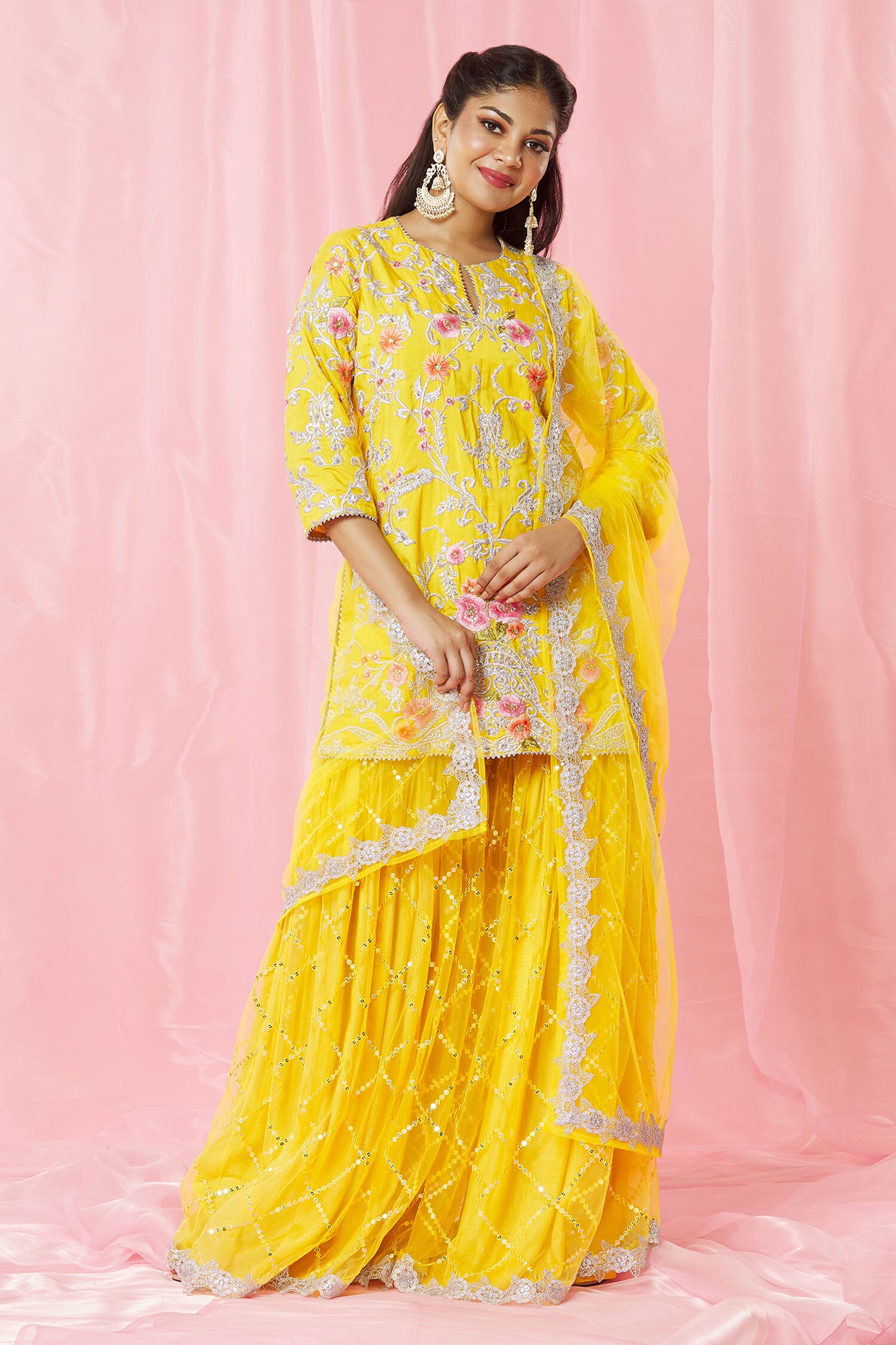 Buy Bhairavi Jaikishan Yellow Silk Floral Threadwork Kurta Sharara Set