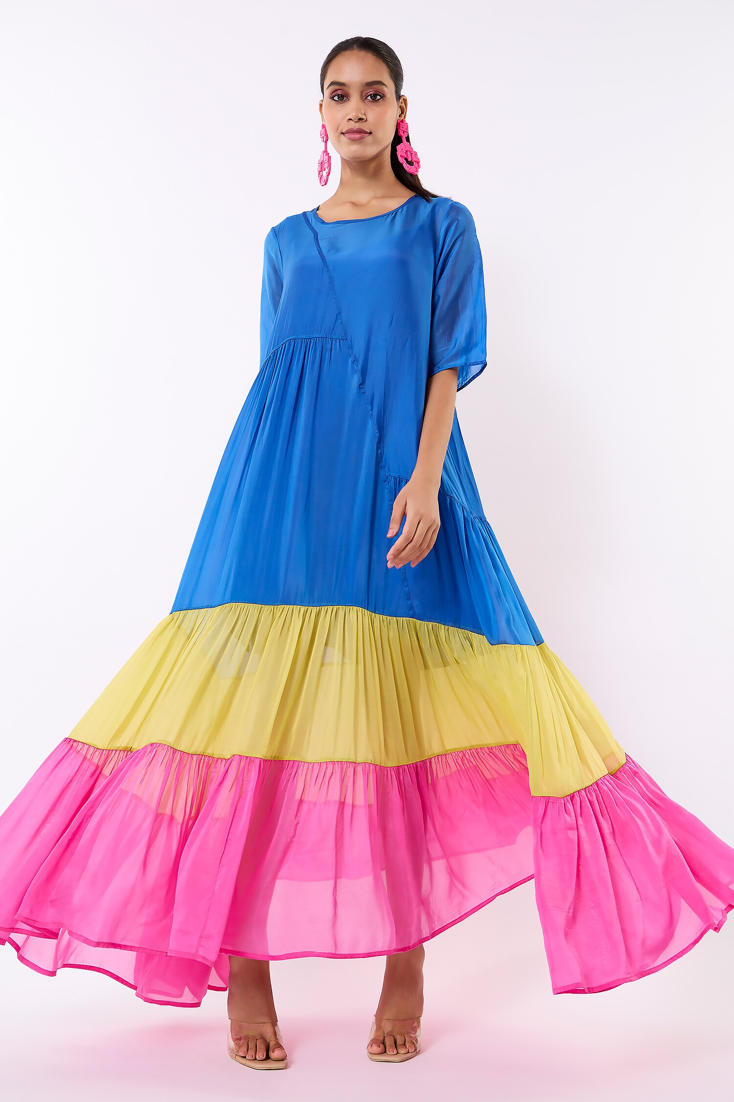 Buy Scarlet Sage Blue Chloe Color Blocked Panelled Dress With Slip