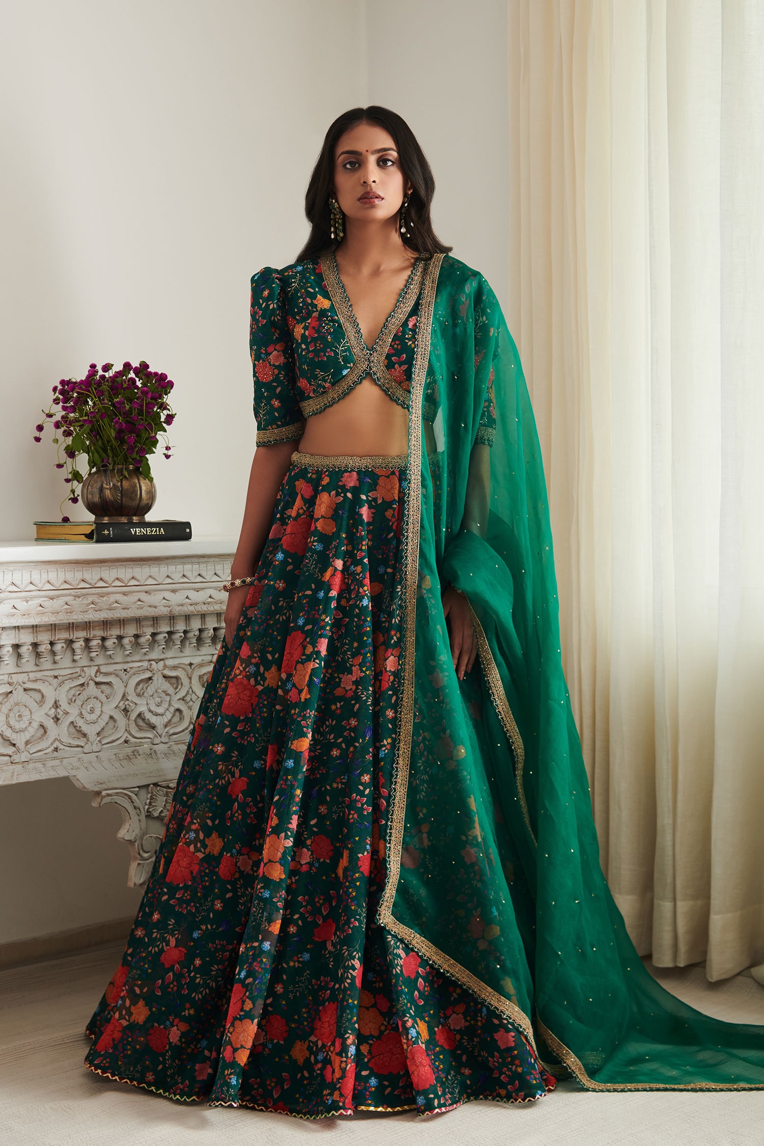 Buy Shasha Gaba Green Chanderi Floral Print Thread Embroidered Lehenga ...