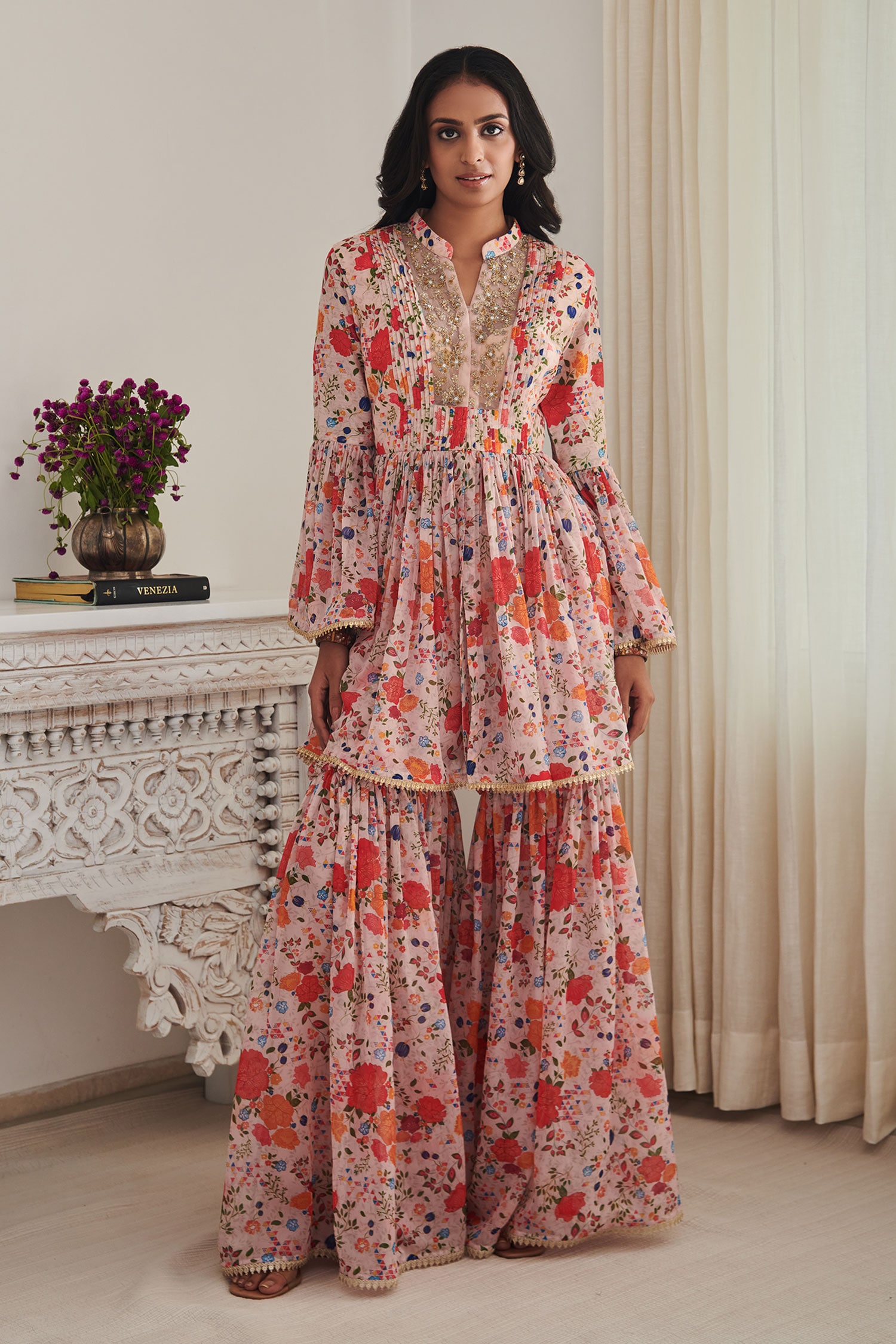 Buy Shasha Gaba Pink Chanderi Floral Embroidered Pleated Kurta Gharara ...