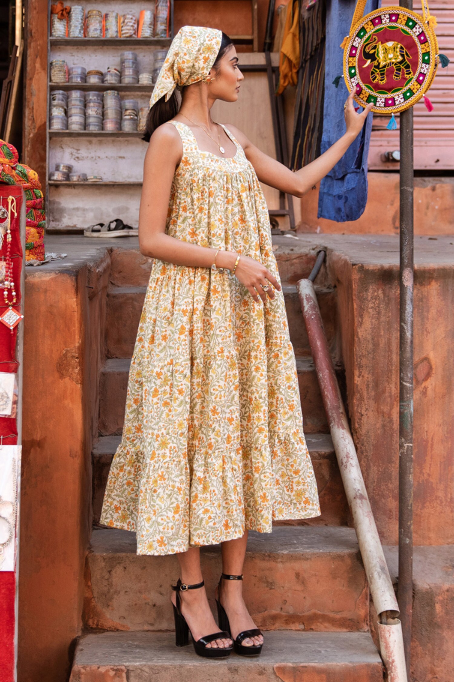 Buy Yellow Cotton Hand Block Print Floral U Neck Mango Slush Flowy Dress  For Women by Marche Online at Aza Fashions.