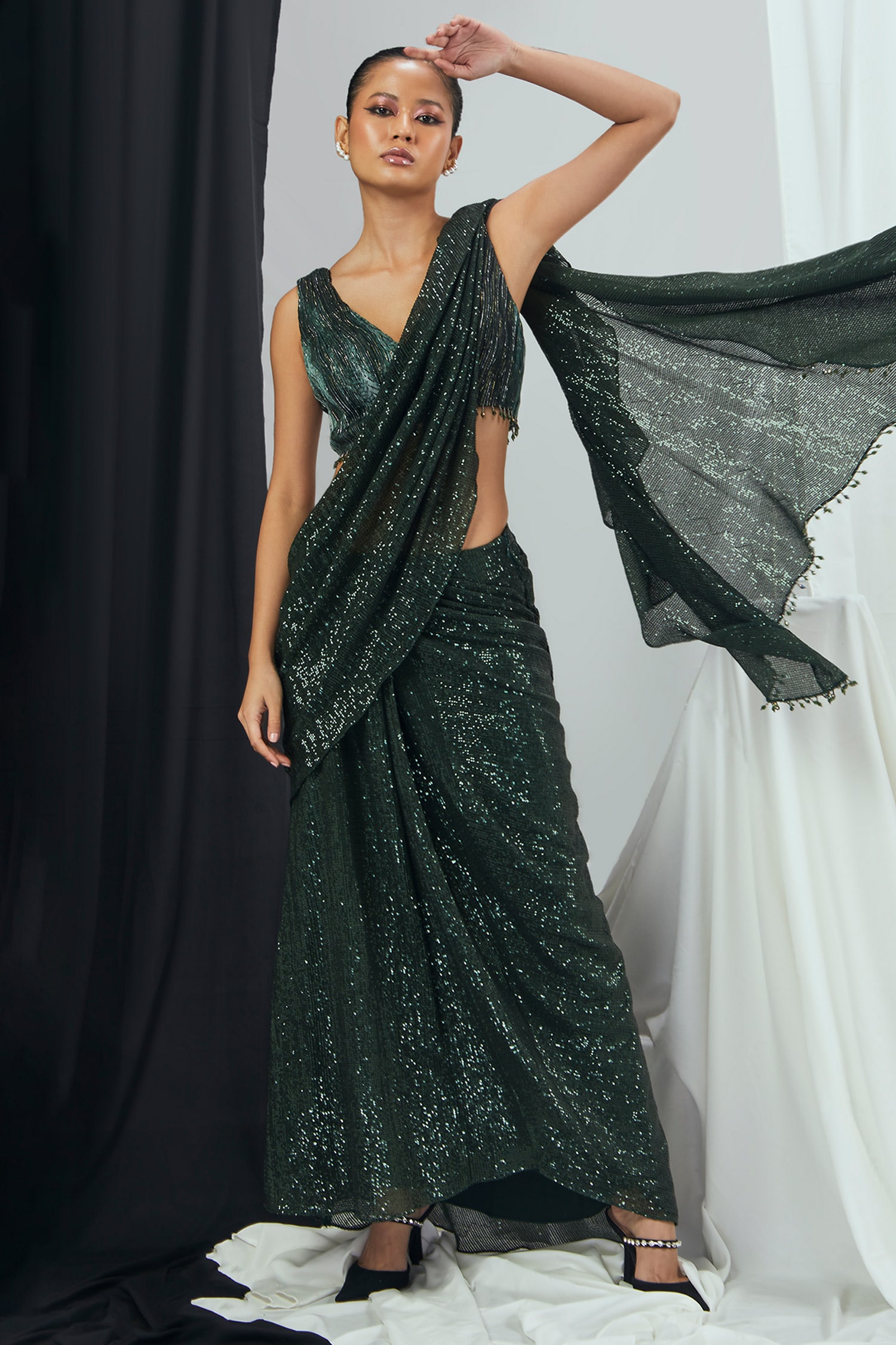 Green Embellished Sequins Saree In Georgette 5535SR01