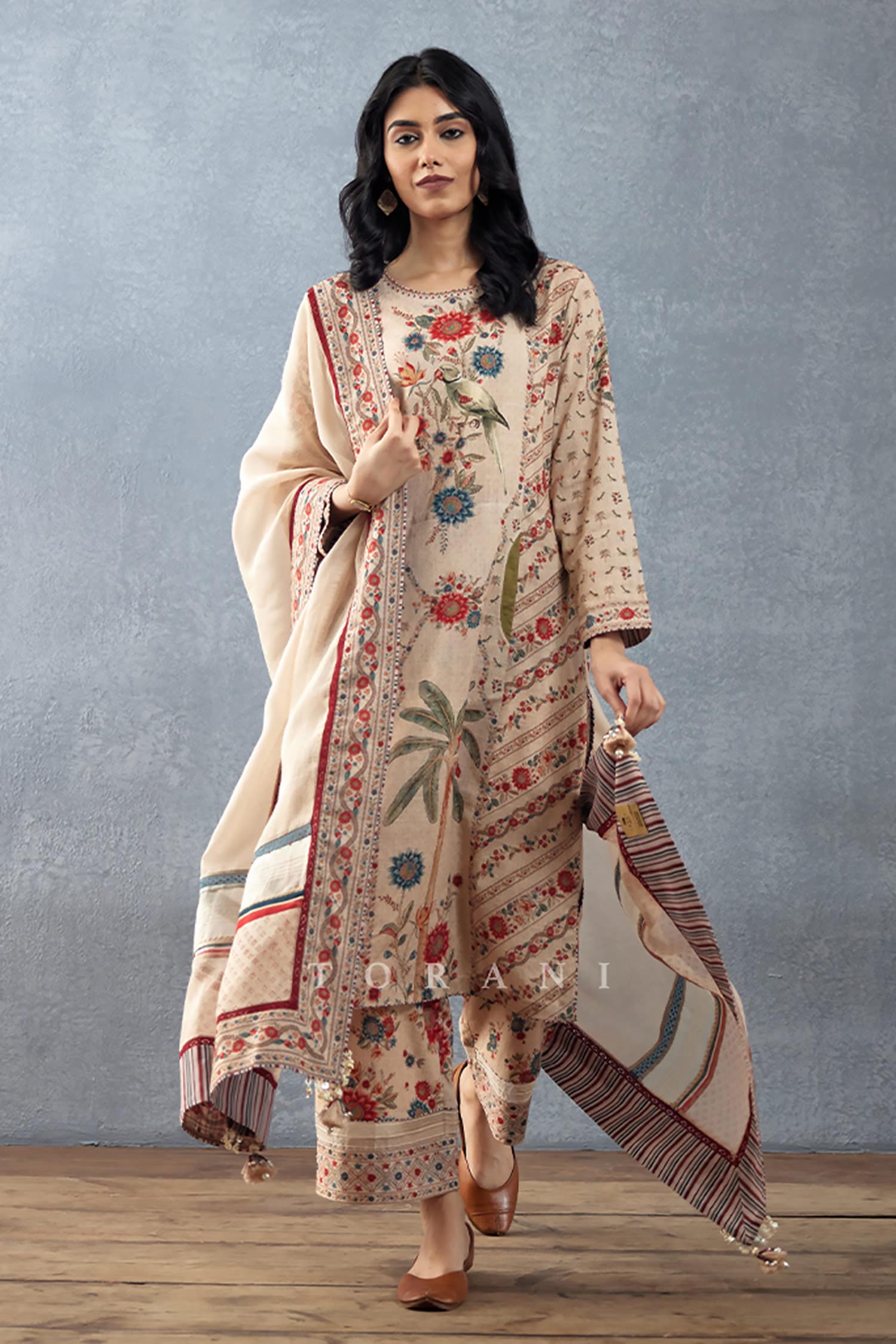 Torani Beige Slub Silk Badami Abhidah Printed Kurta Pant Set