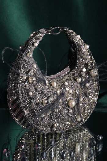 Silver-Toned & Blue Embellished Half Moon Clutch – Elegant Evening Bag with Shoulder Strap & Metal Click Closure